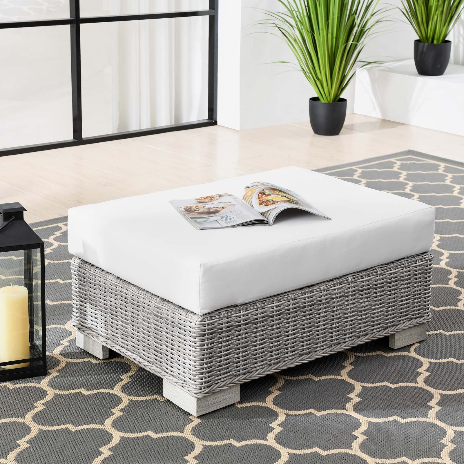 Modway Outdoor Ottomans - Conway Outdoor Patio Wicker Rattan Ottoman Light Gray White
