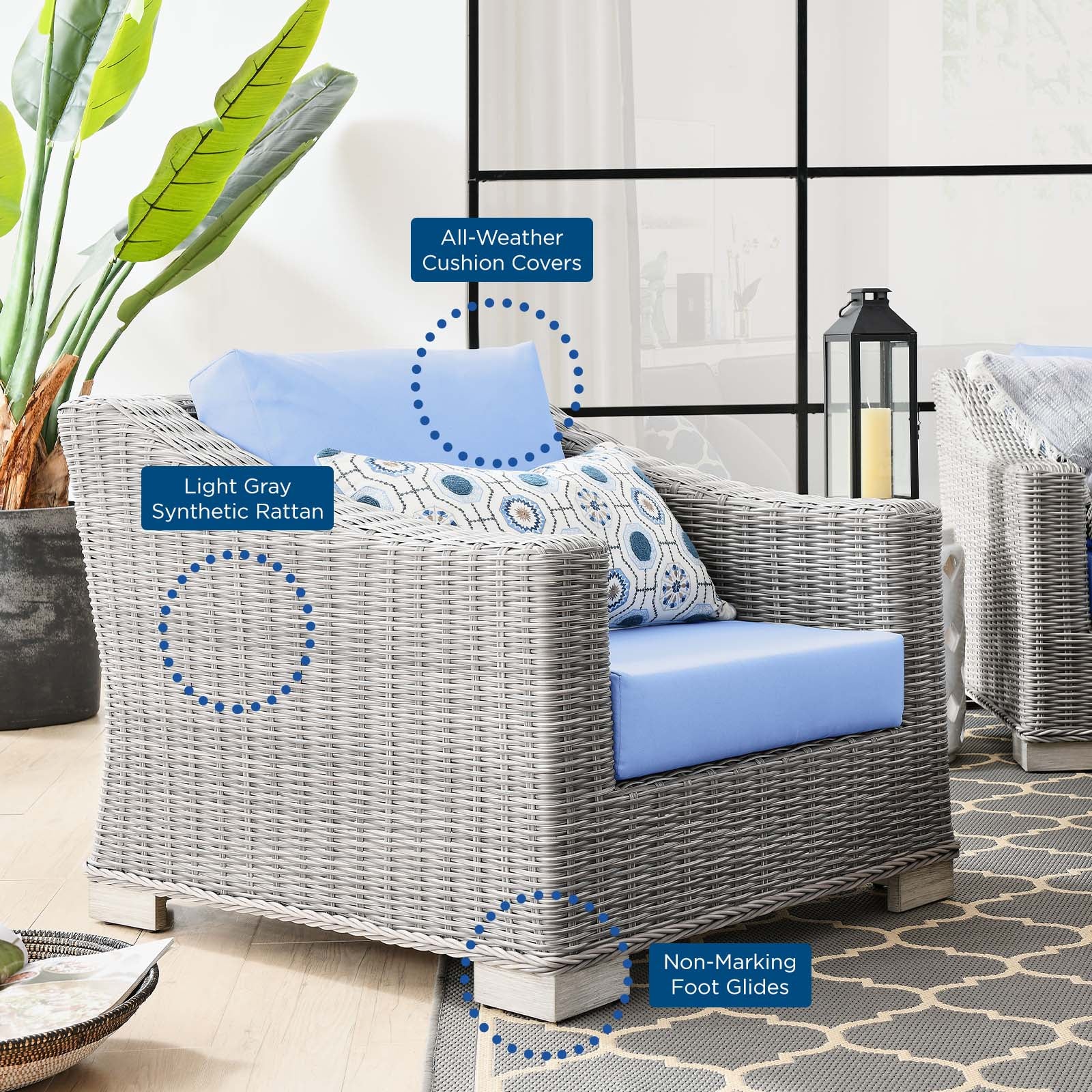 Modway Outdoor Chairs - Conway Outdoor Patio Wicker Rattan Armchair Light Gray Light Blue