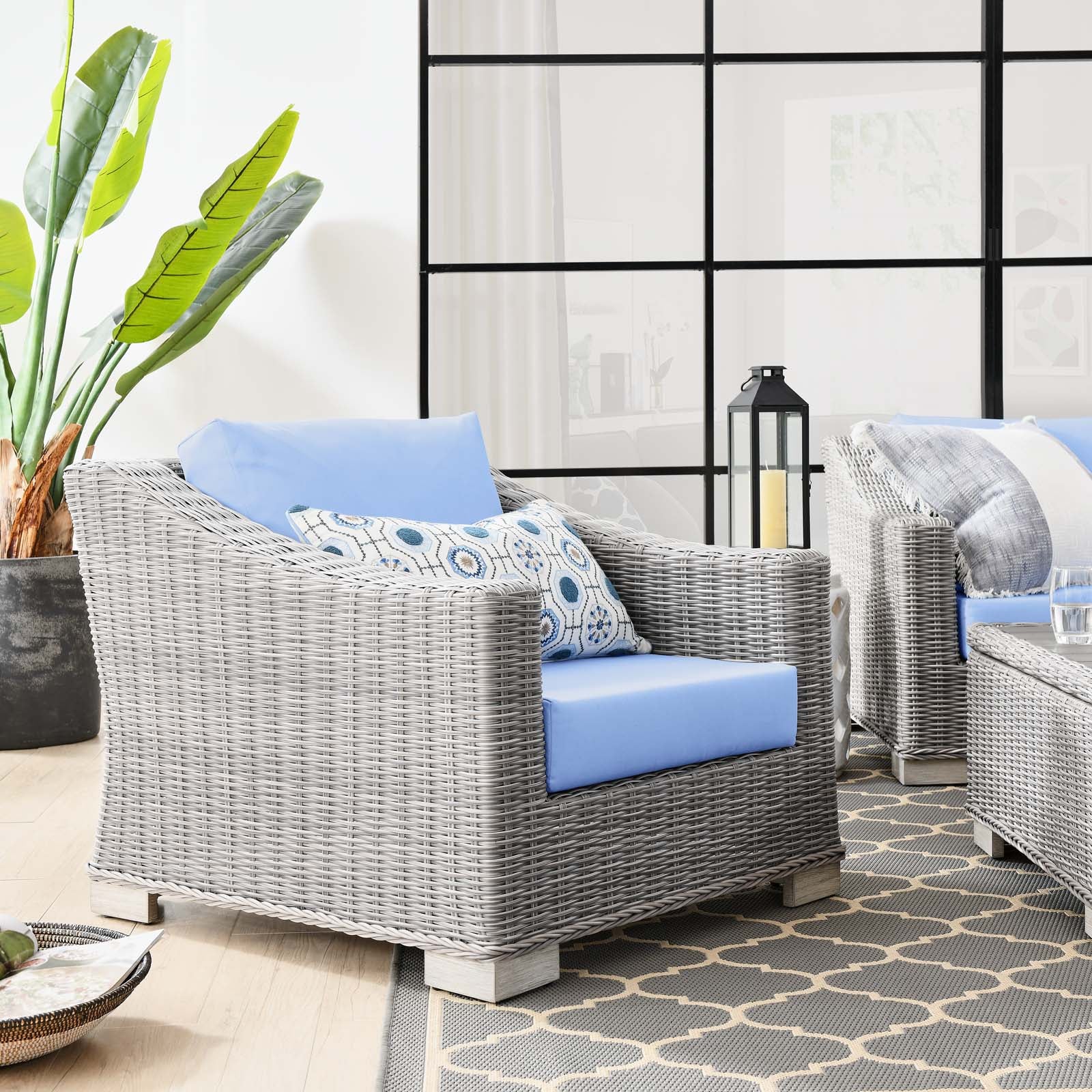 Modway Outdoor Chairs - Conway Outdoor Patio Wicker Rattan Armchair Light Gray Light Blue
