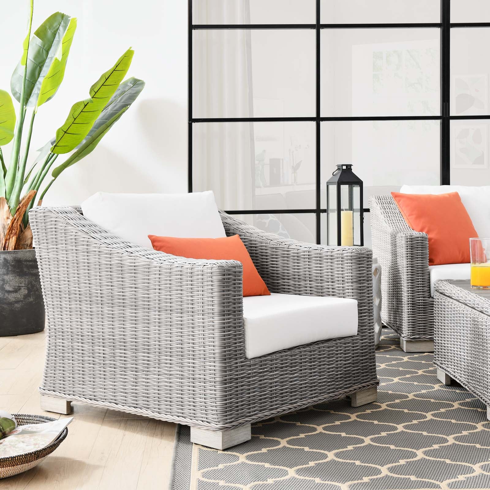 Modway Outdoor Chairs - Conway Outdoor Patio Wicker Rattan Armchair Light Gray White