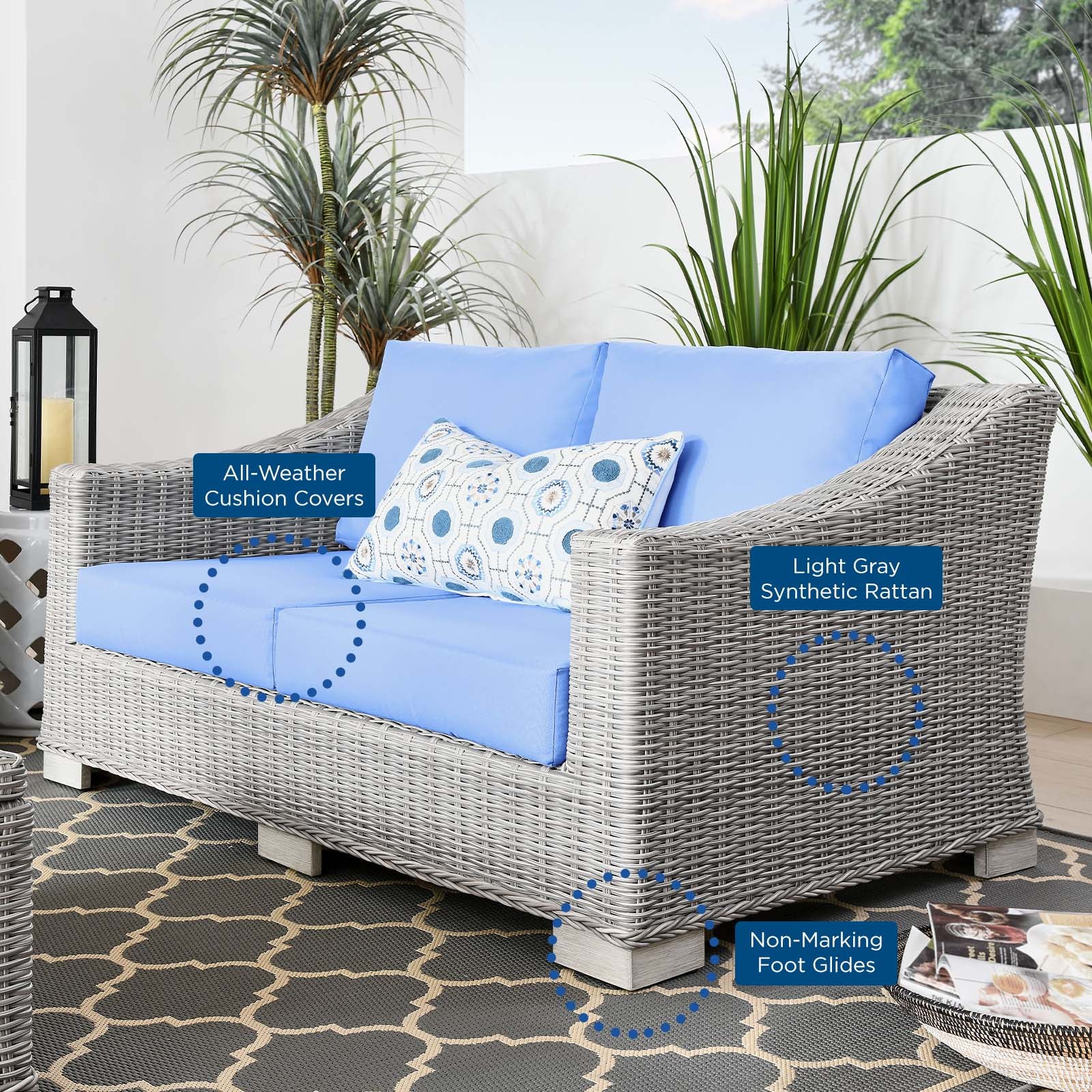 Modway Outdoor Sofas - Conway Outdoor Patio Wicker Rattan Loveseat Light Gray Light Blue