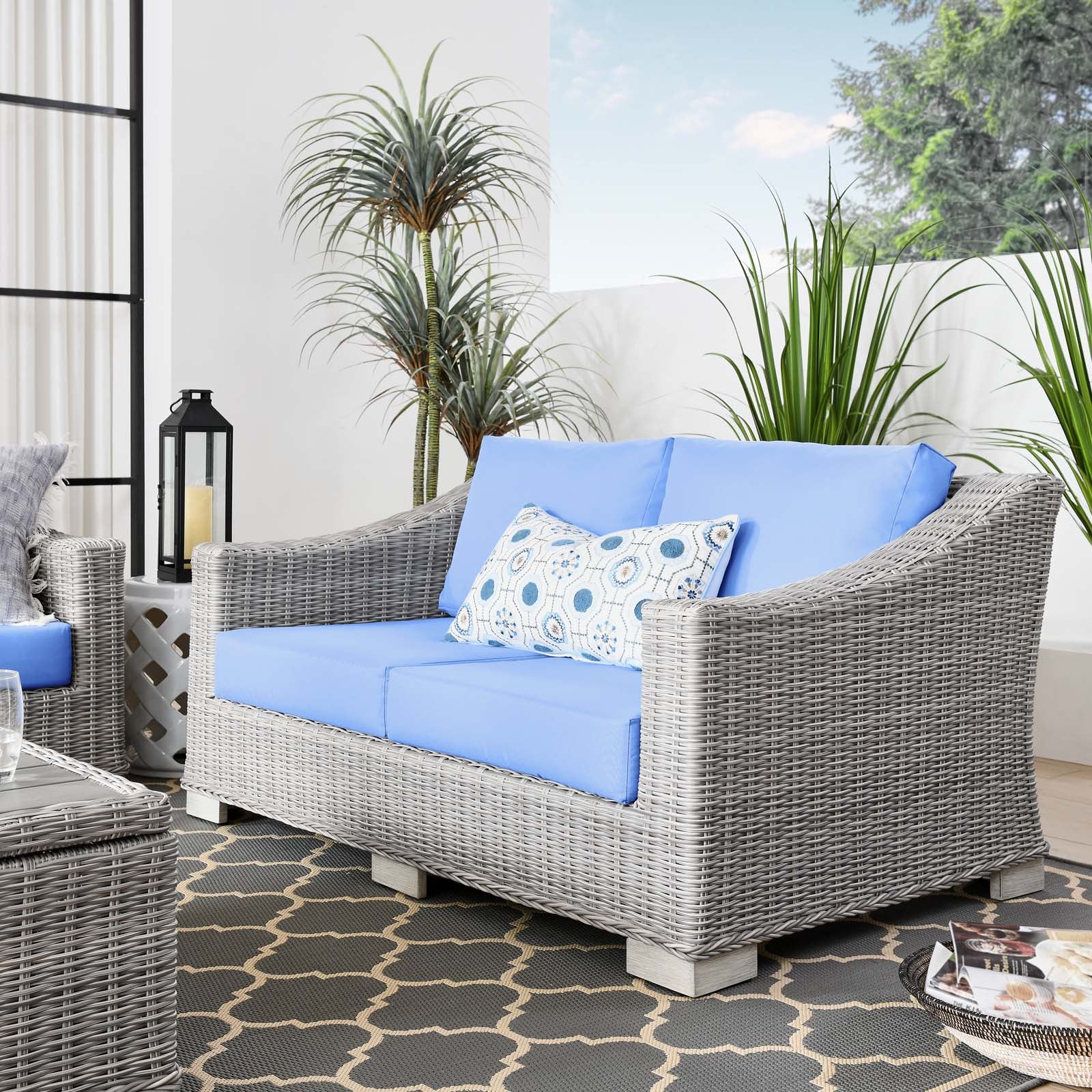 Modway Outdoor Sofas - Conway Outdoor Patio Wicker Rattan Loveseat Light Gray Light Blue
