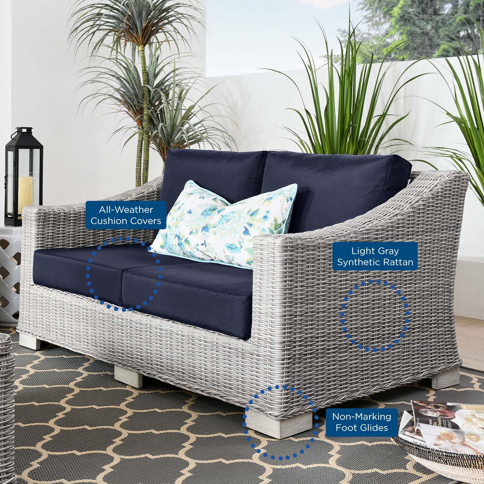 Modway Outdoor Sofas - Conway Outdoor Patio Wicker Rattan Loveseat Light Gray Navy