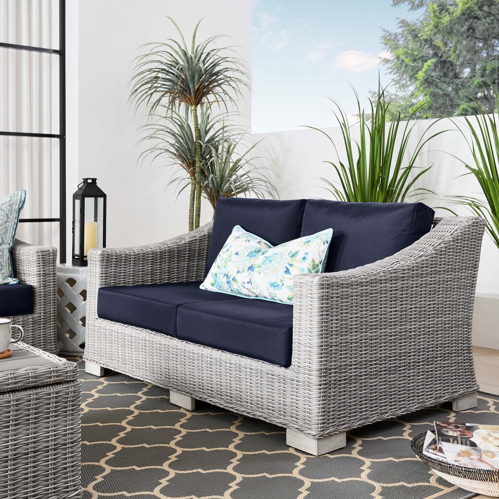 Modway Outdoor Sofas - Conway Outdoor Patio Wicker Rattan Loveseat Light Gray Navy