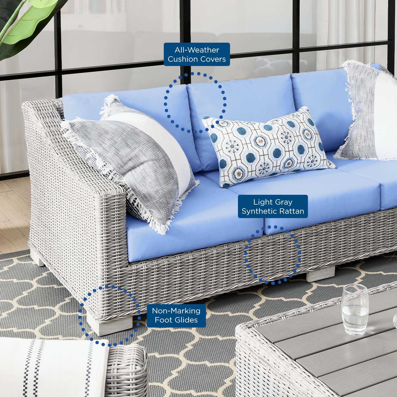Modway Outdoor Sofas - Conway Outdoor Patio Wicker Rattan Sofa Light Gray Light Blue