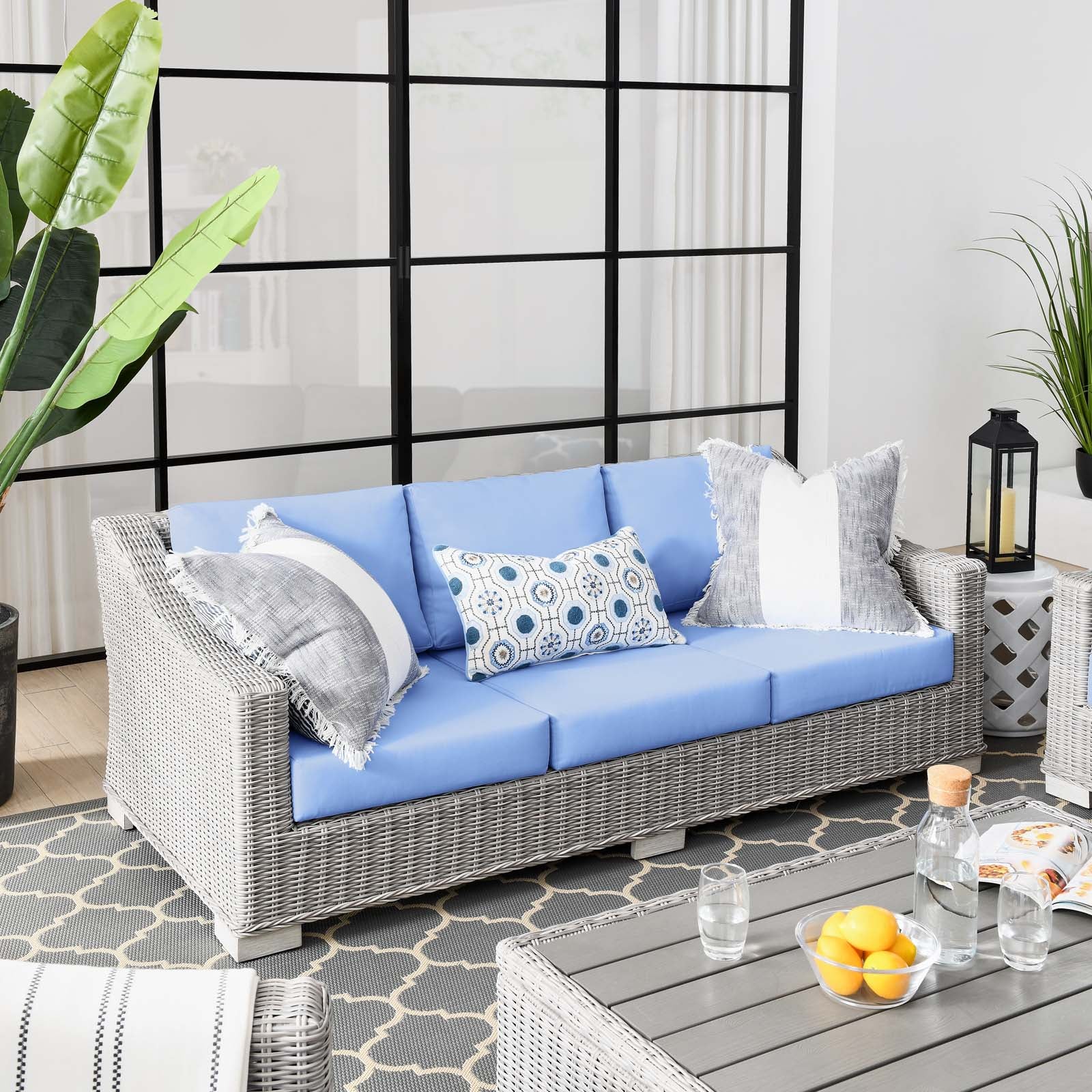 Modway Outdoor Sofas - Conway Outdoor Patio Wicker Rattan Sofa Light Gray Light Blue