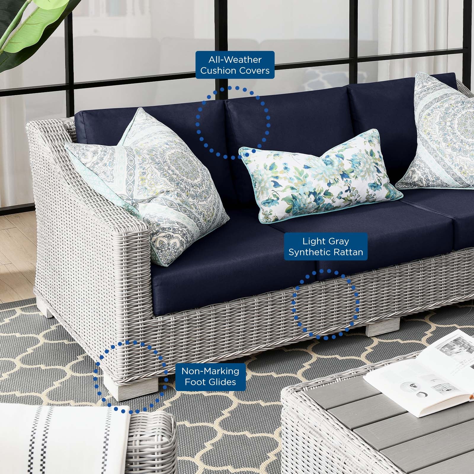 Modway Outdoor Sofas - Conway Outdoor Patio Wicker Rattan Sofa Light Gray Navy