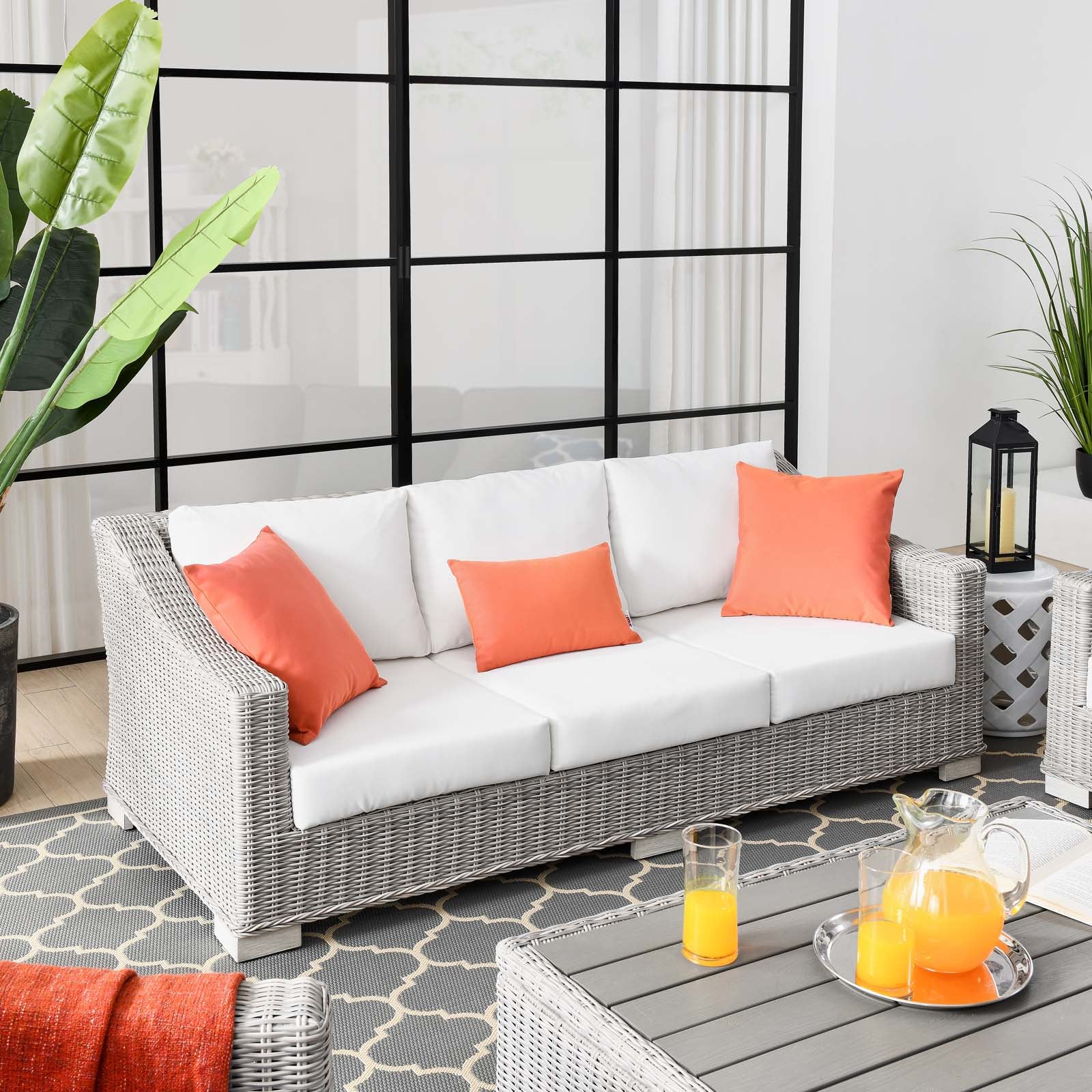 Modway Outdoor Sofas - Conway Outdoor Patio Wicker Rattan Sofa Light Gray White