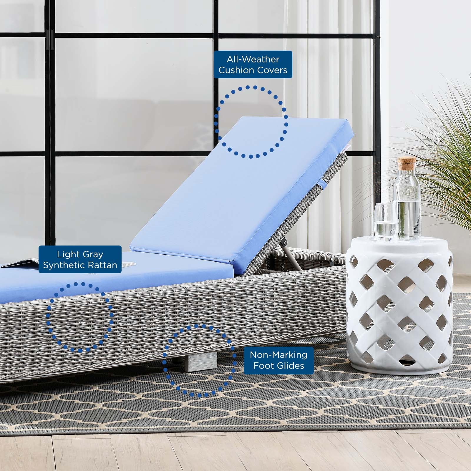 Modway Outdoor Loungers - Conway Outdoor Patio Wicker Rattan Chaise Lounge Light Gray Light Blue