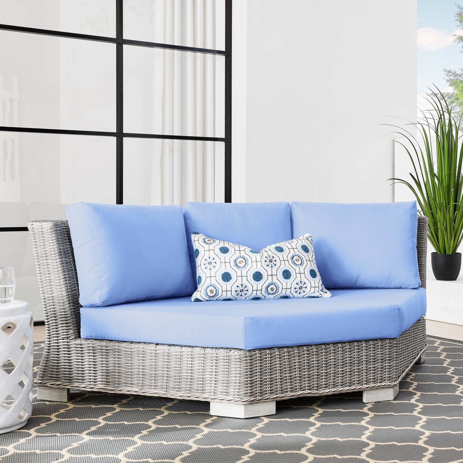 Modway Outdoor Chairs - Conway Outdoor Patio Wicker Rattan Round Corner Chair Light Gray Light Blue