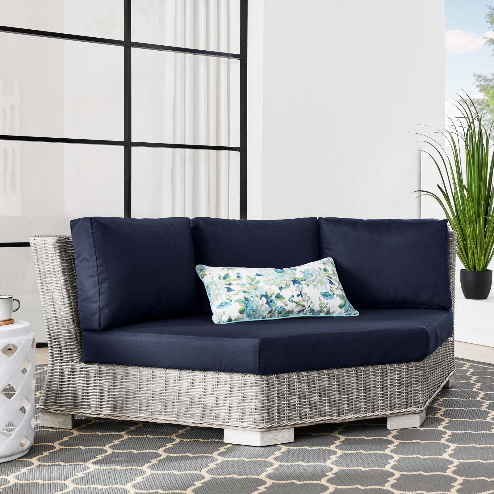 Modway Outdoor Chairs - Conway Outdoor Patio Wicker Rattan Round Corner Chair Light Gray Navy