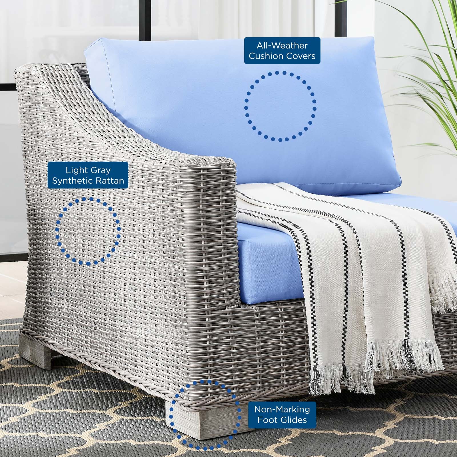 Modway Outdoor Chairs - Conway Outdoor Patio Wicker Rattan Left-Arm Chair Light Gray Light Blue