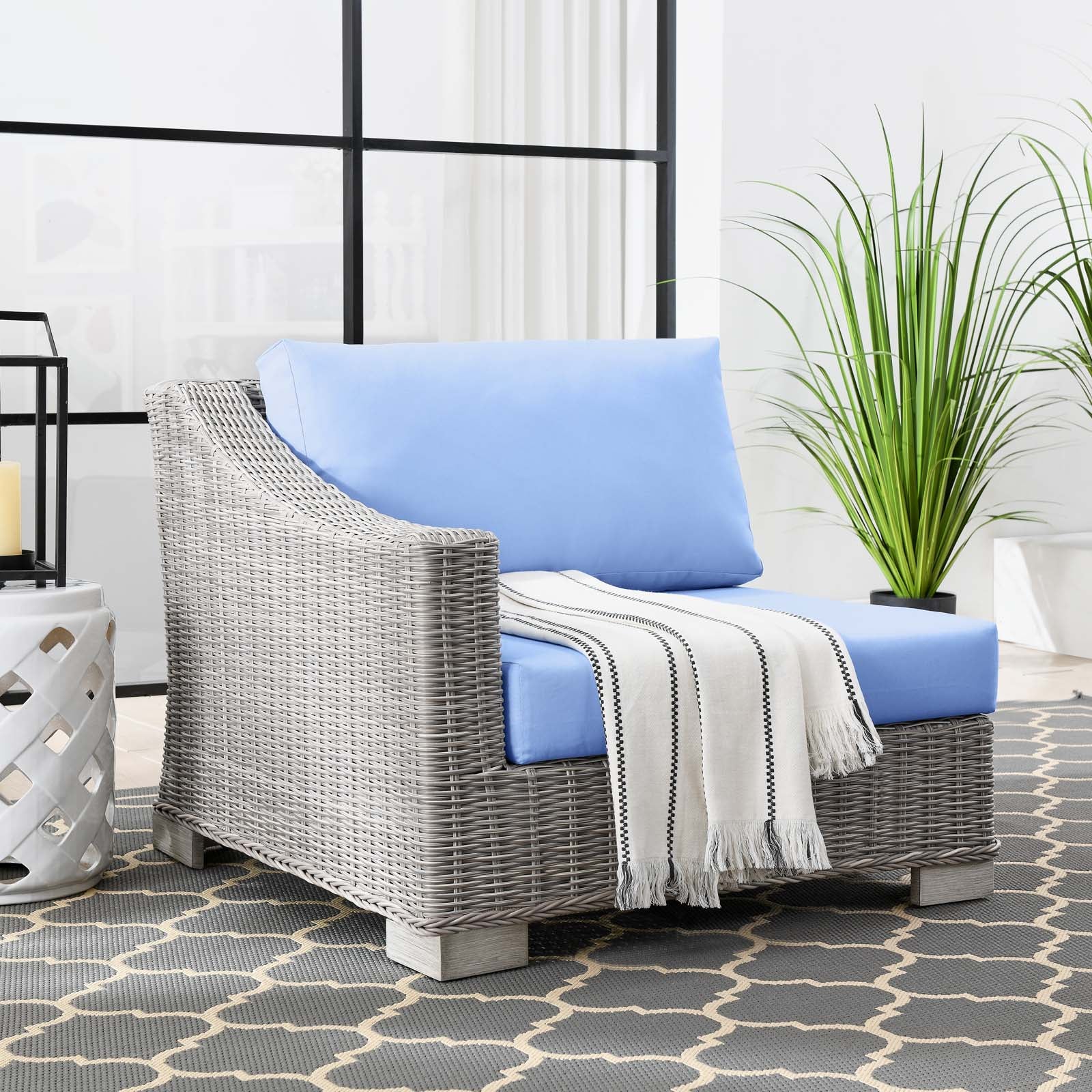 Modway Outdoor Chairs - Conway Outdoor Patio Wicker Rattan Left-Arm Chair Light Gray Light Blue