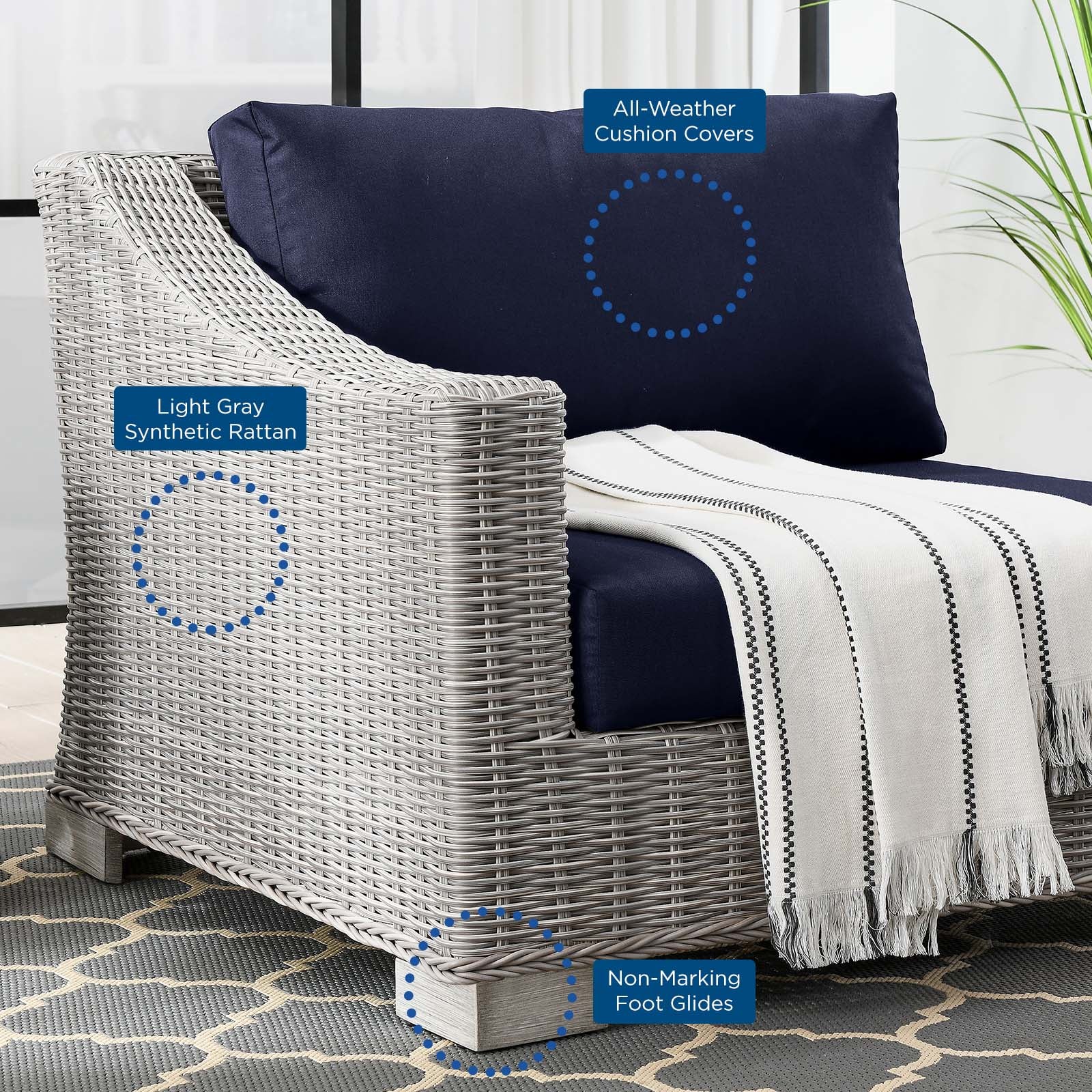Modway Outdoor Chairs - Conway Outdoor Patio Wicker Rattan Left-Arm Chair Light Gray Navy