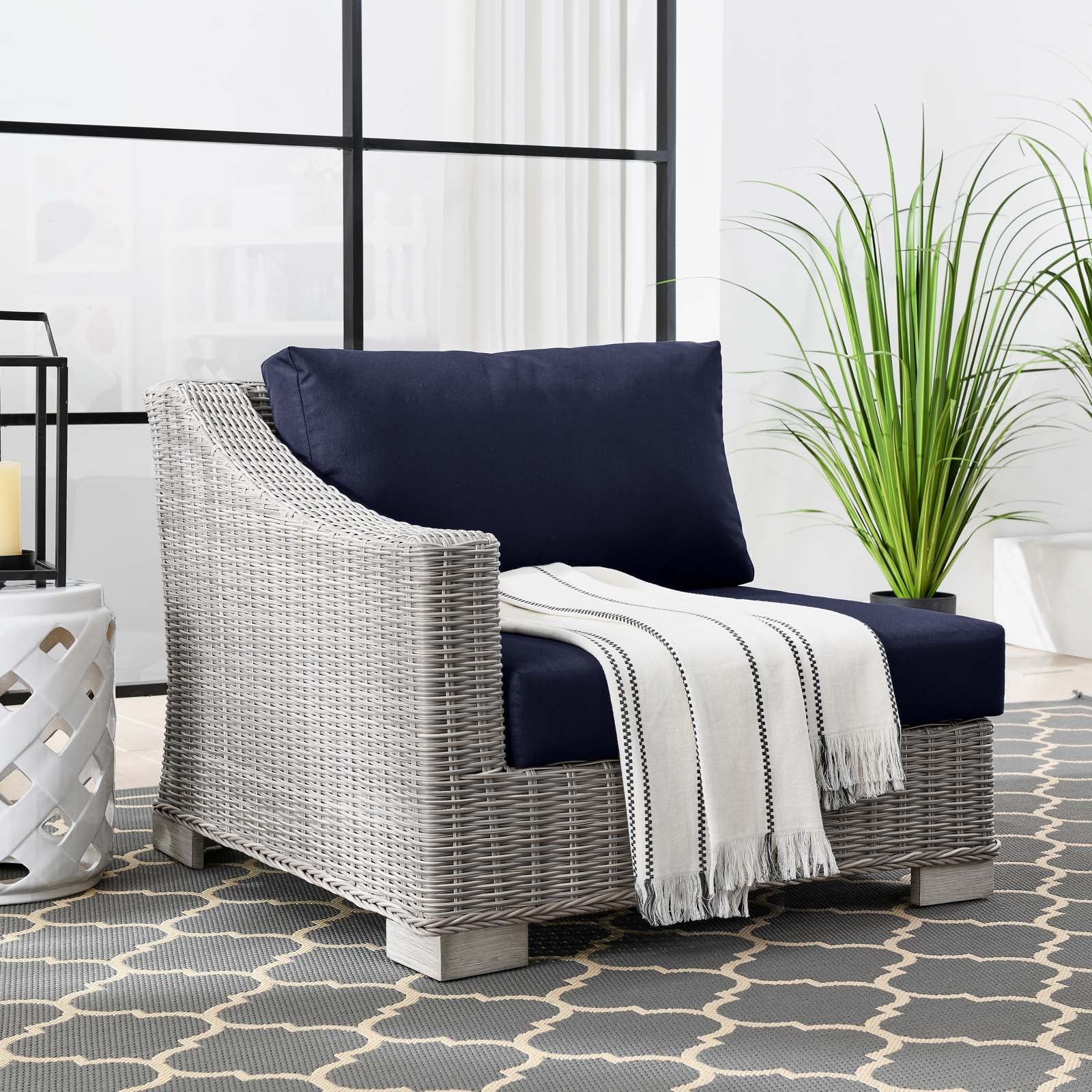 Modway Outdoor Chairs - Conway Outdoor Patio Wicker Rattan Left-Arm Chair Light Gray Navy