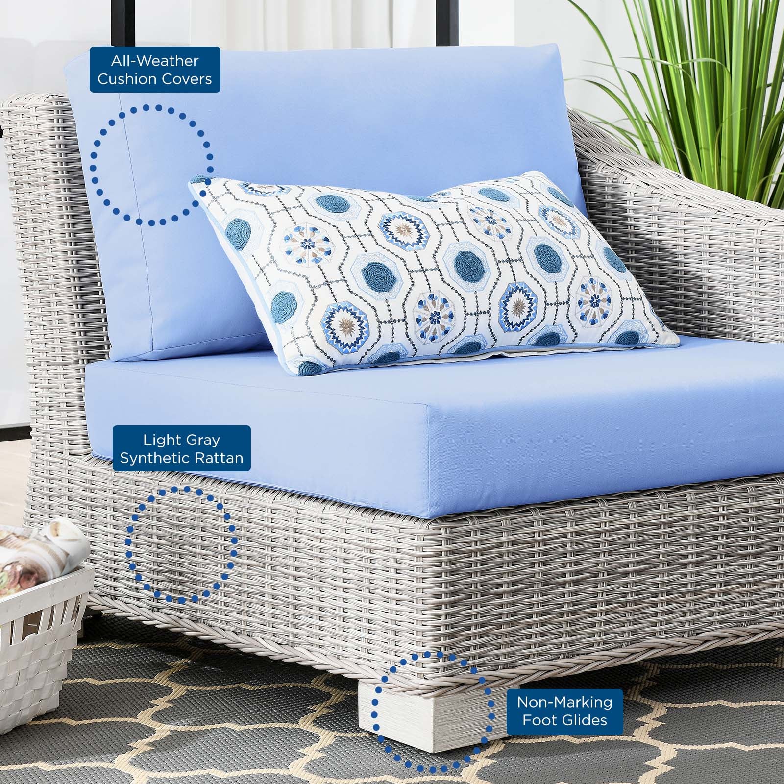 Modway Outdoor Chairs - Conway Outdoor Patio Wicker Rattan Right-Arm Chair Light Gray Light Blue