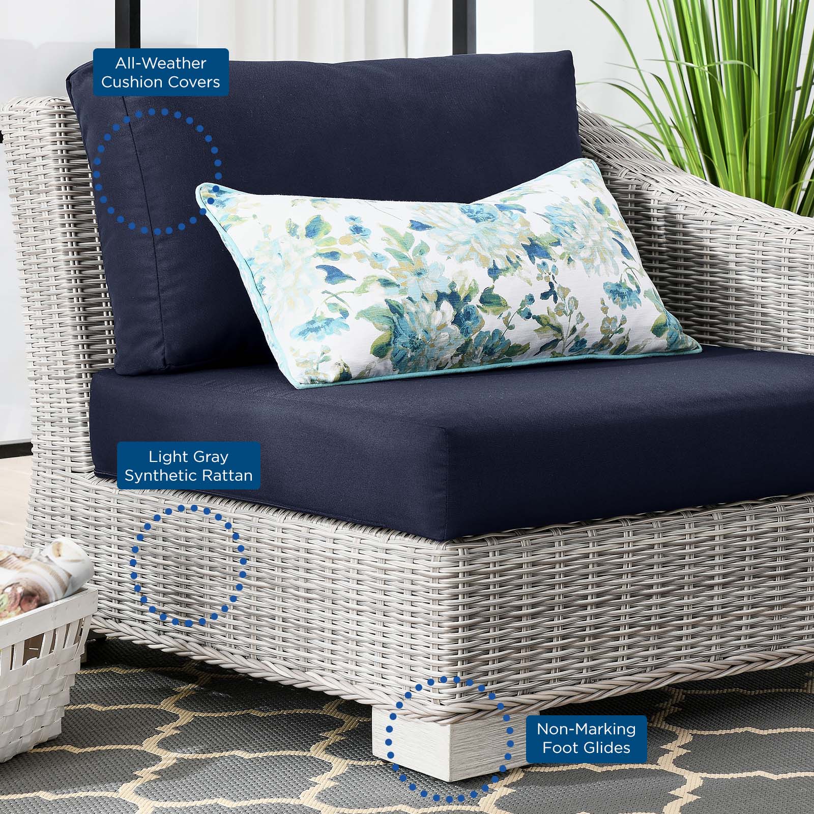 Modway Outdoor Chairs - Conway Outdoor Patio Wicker Rattan Right-Arm Chair Light Gray Navy