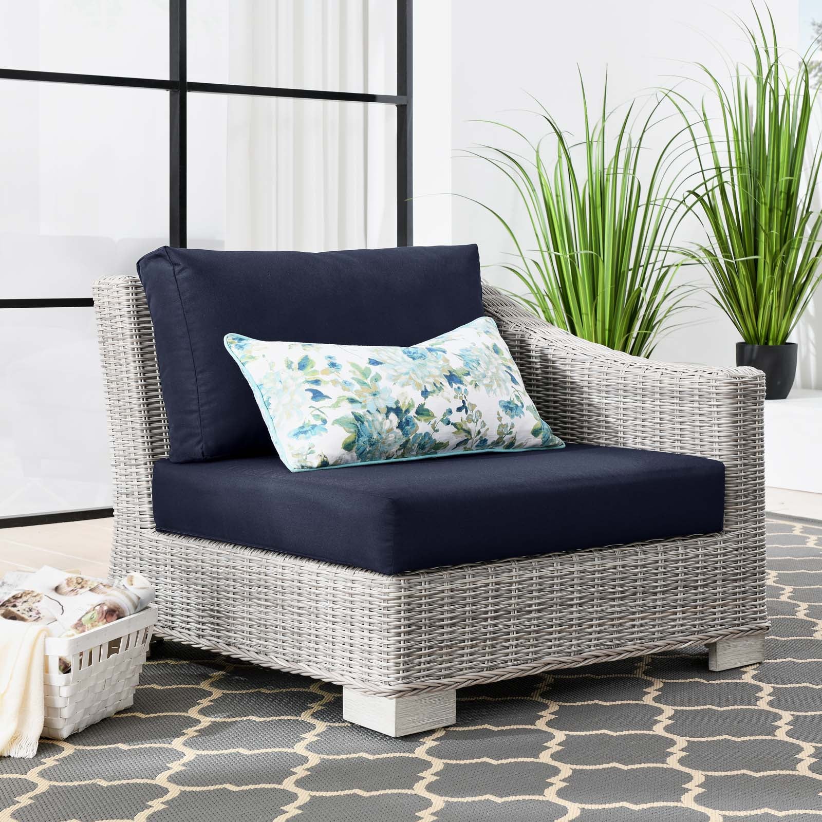Modway Outdoor Chairs - Conway Outdoor Patio Wicker Rattan Right-Arm Chair Light Gray Navy