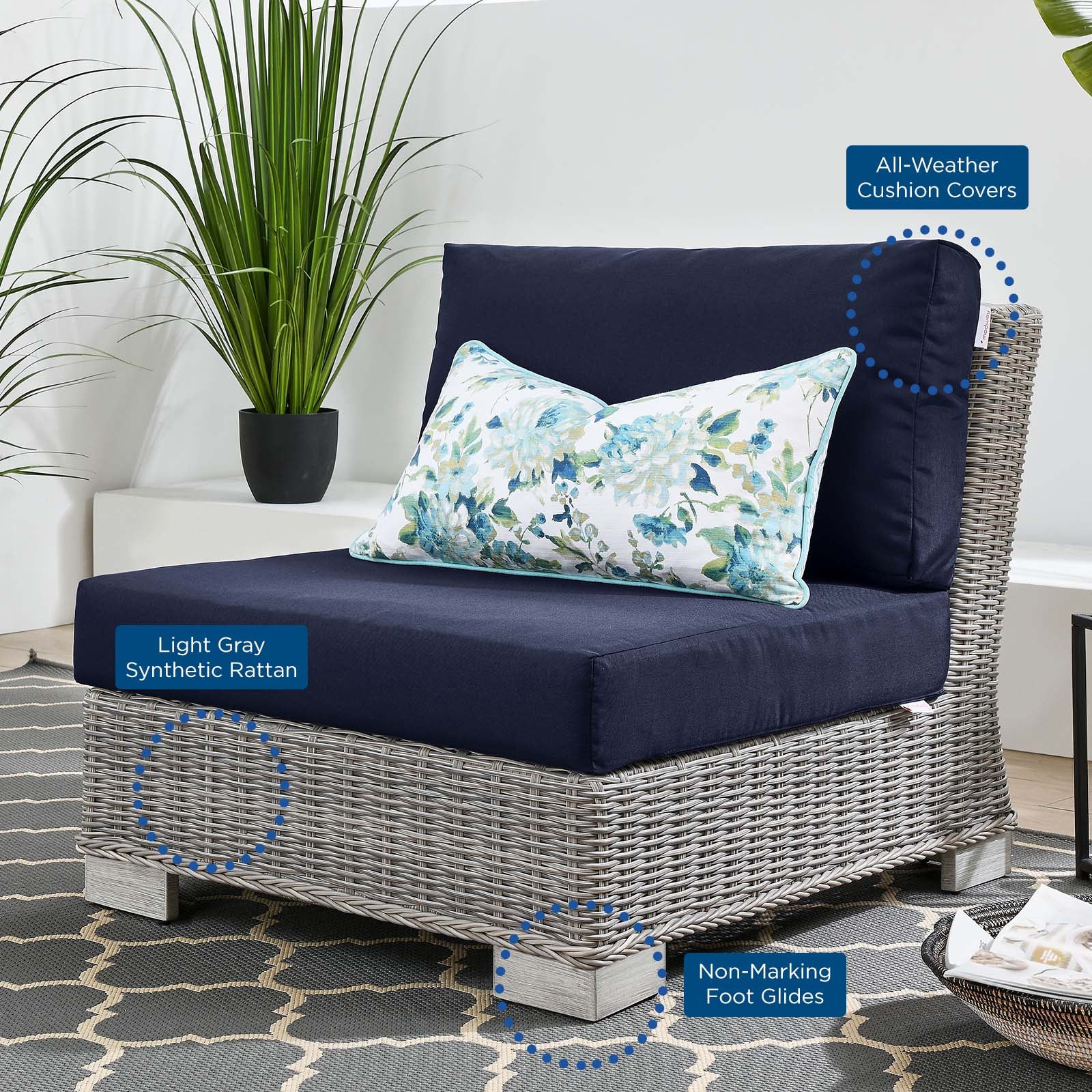 Modway Outdoor Chairs - Conway Outdoor Patio Wicker Rattan Armless Chair Light Gray Navy