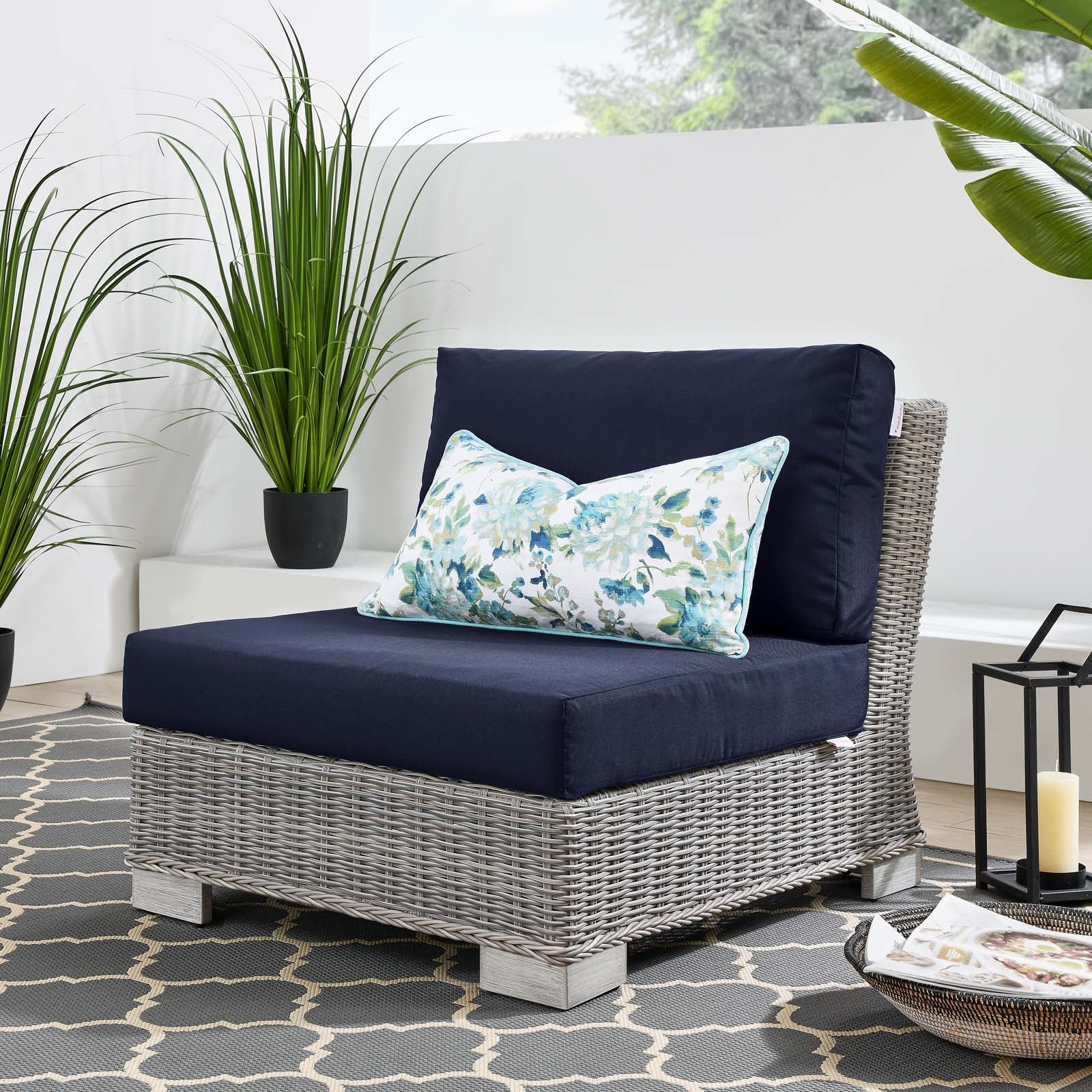 Modway Outdoor Chairs - Conway Outdoor Patio Wicker Rattan Armless Chair Light Gray Navy