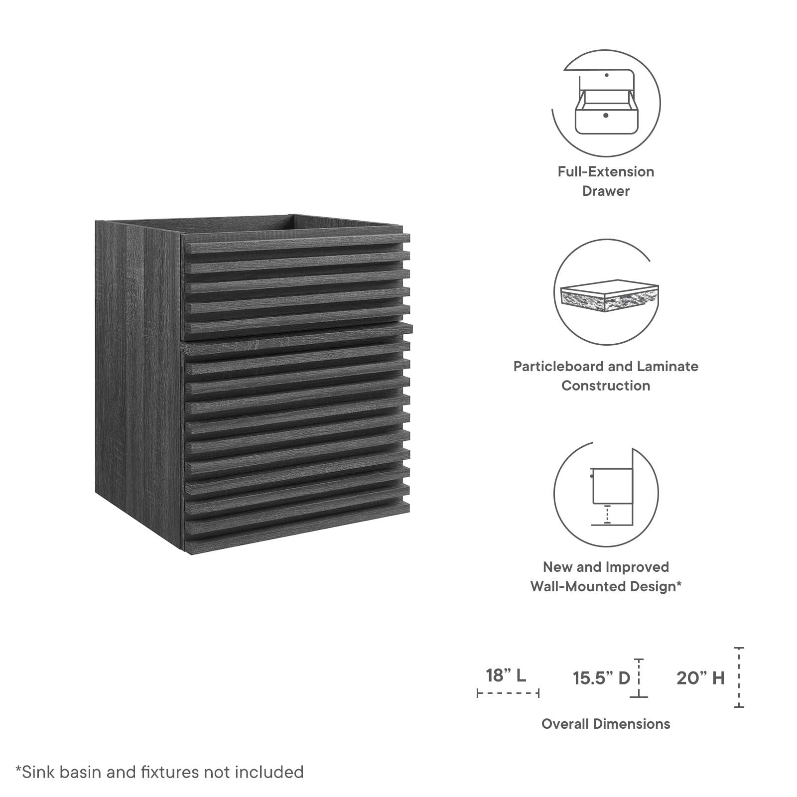 Modway Bathroom Vanity - Render 18" Wall-Mount Bathroom Vanity Cabinet Charcoal