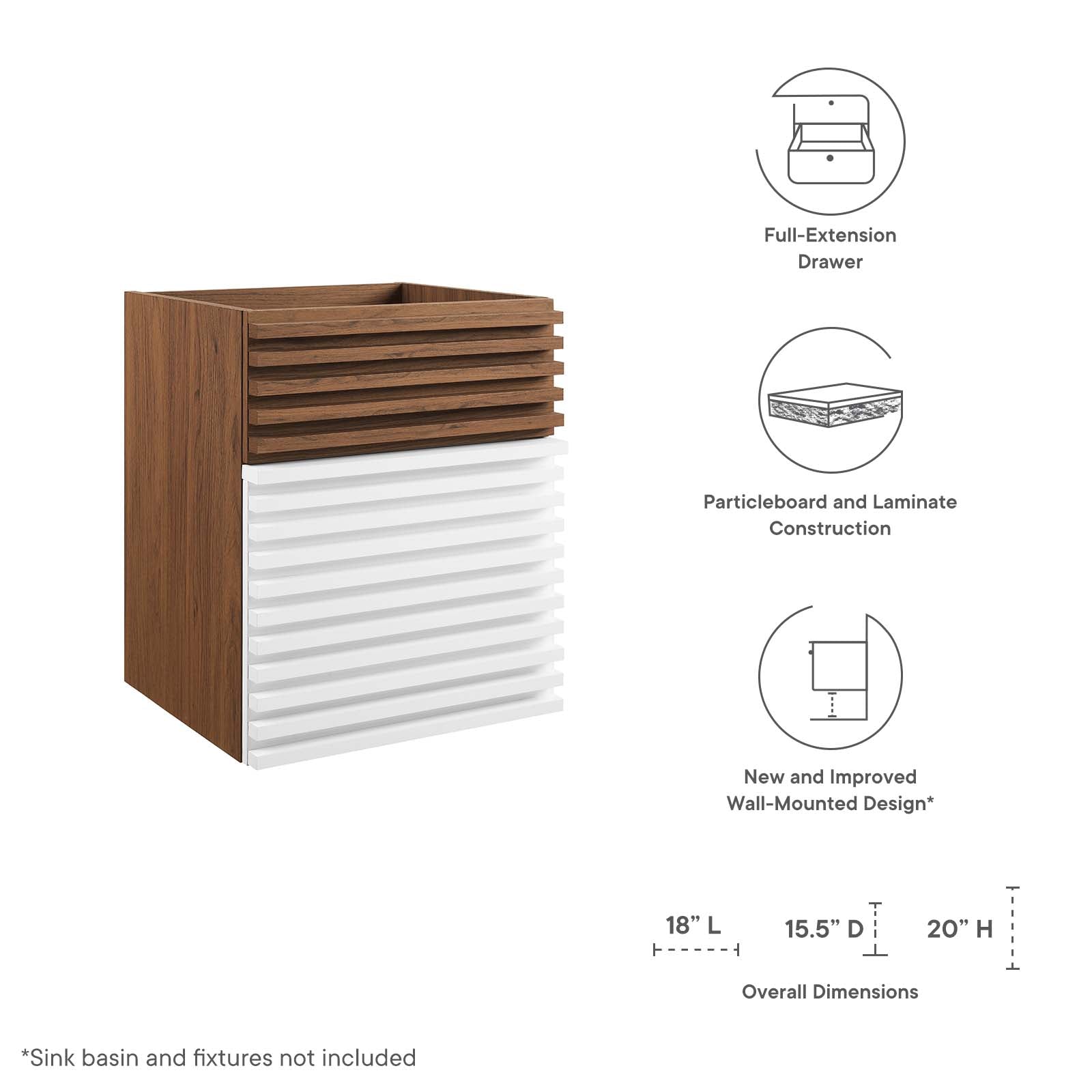 Modway Bathroom Vanity - Render 18" Wall-Mount Bathroom Vanity Cabinet White Walnut