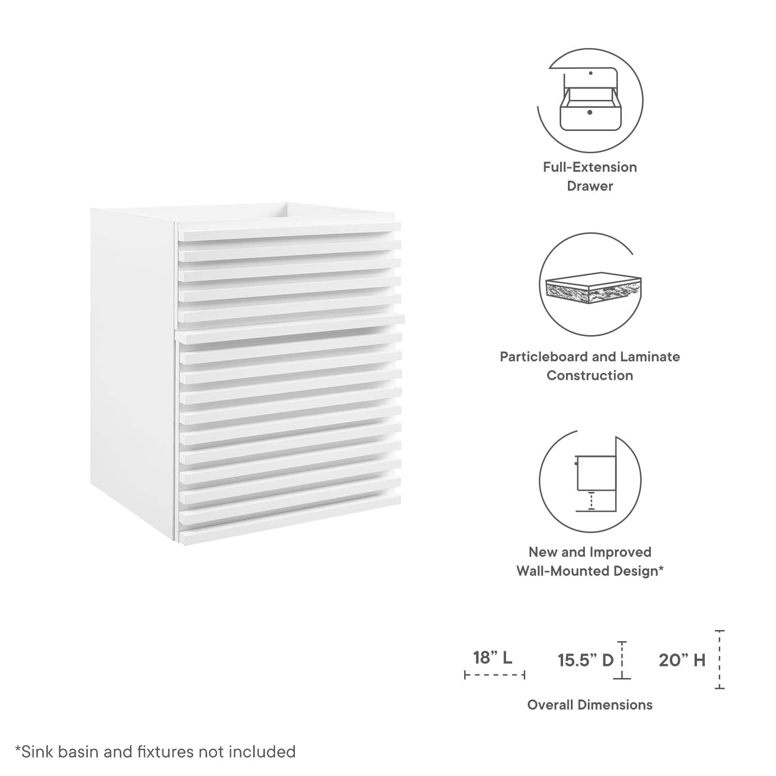 Modway Bathroom Vanity - Render 18" Wall-Mount Bathroom Vanity Cabinet White