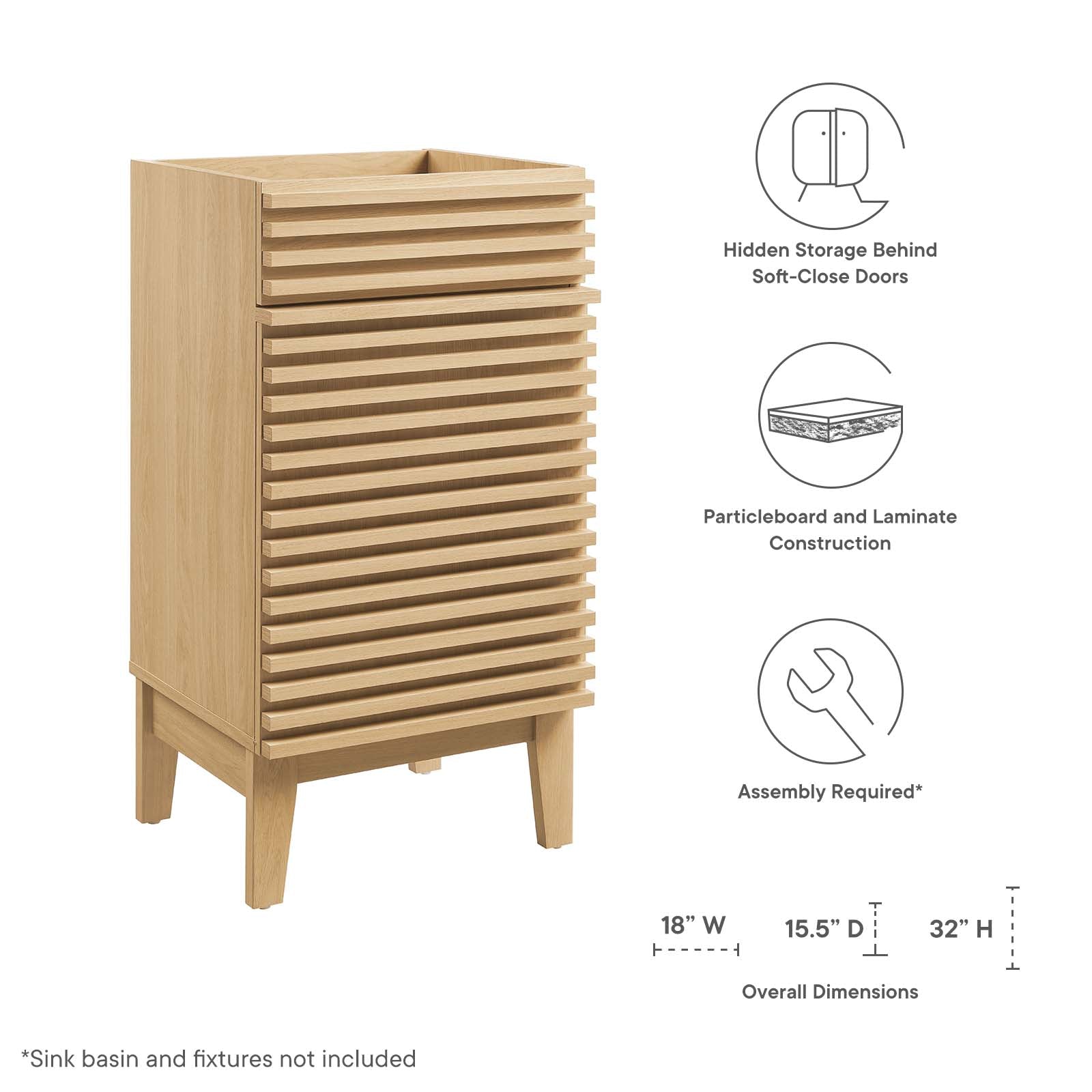Modway Bathroom Vanity - Render 18" Bathroom Vanity Cabinet Oak