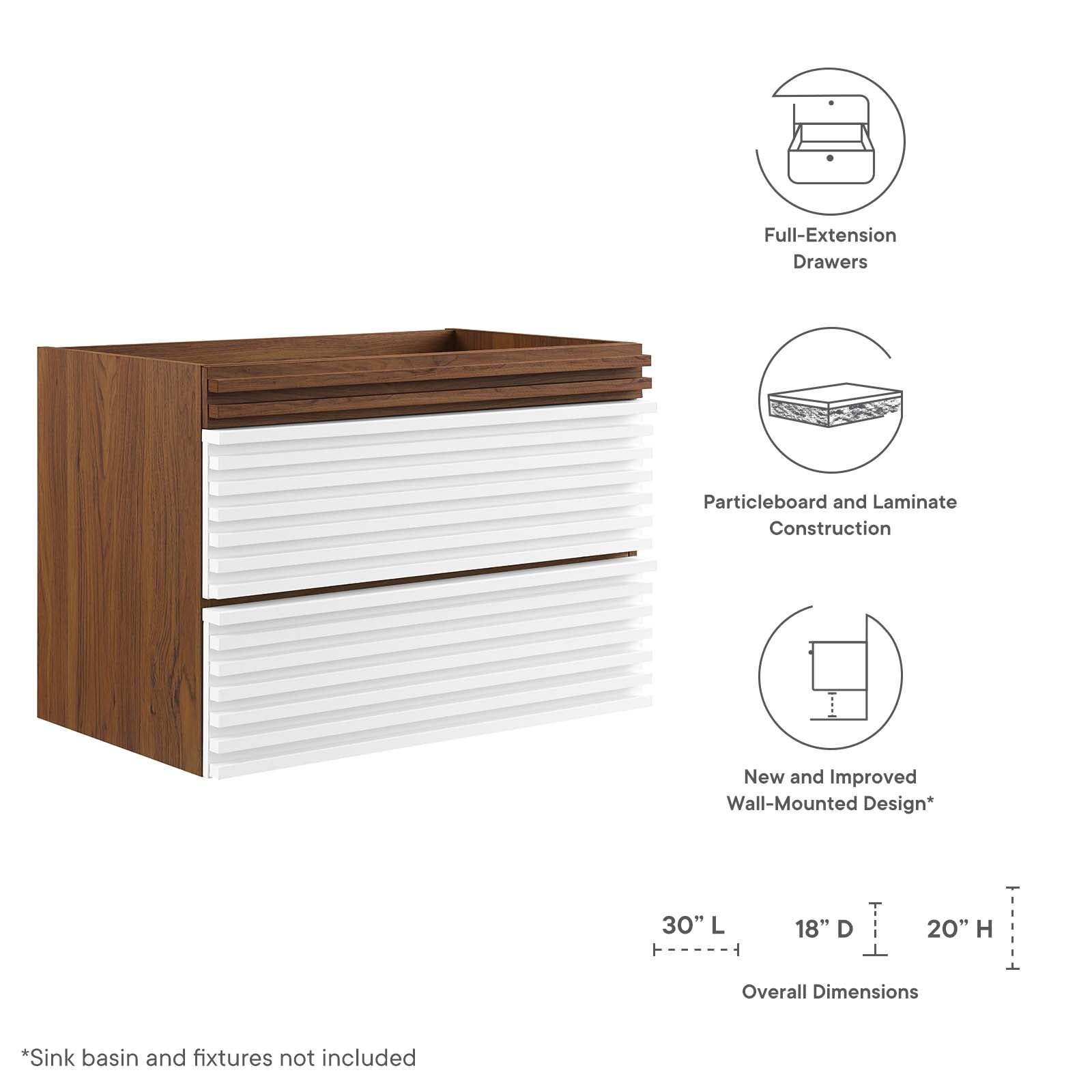 Modway Bathroom Vanity - Render 30" Wall-Mount Bathroom Vanity White Walnut