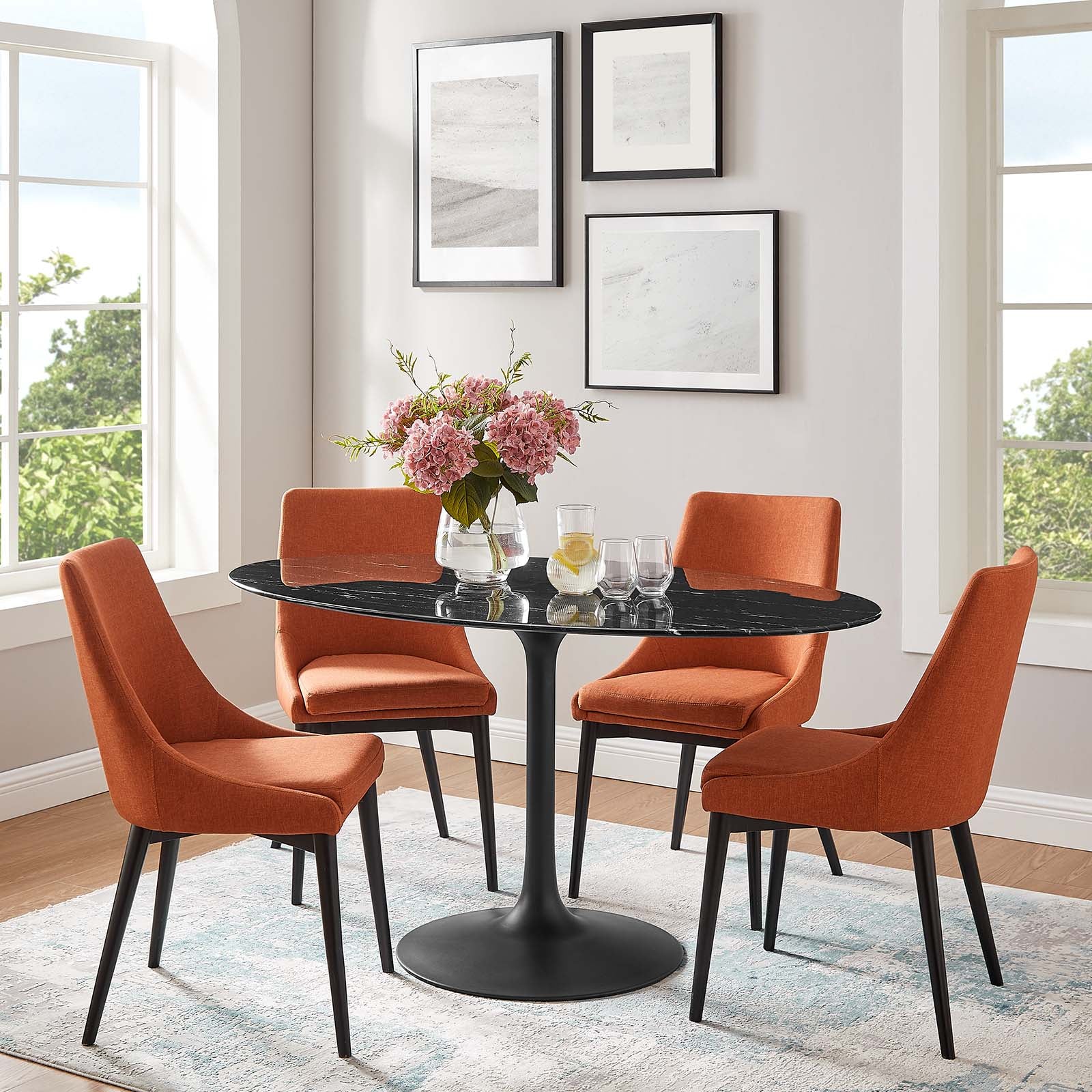 Modway Dining Tables - Lippa 60" Artificial Marble Oval Dining Table Black Black