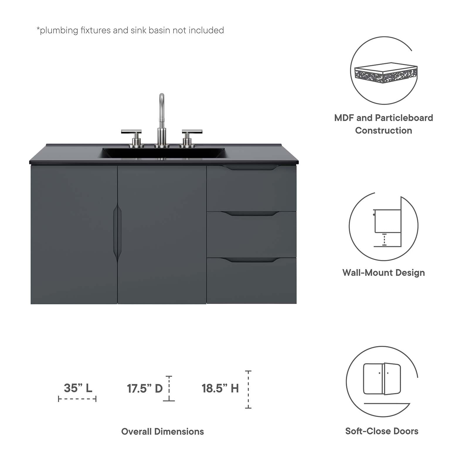 Modway Bathroom Vanity - Vitality 36" Bathroom Vanity Cabinet (Sink Basin Not Included) Gray