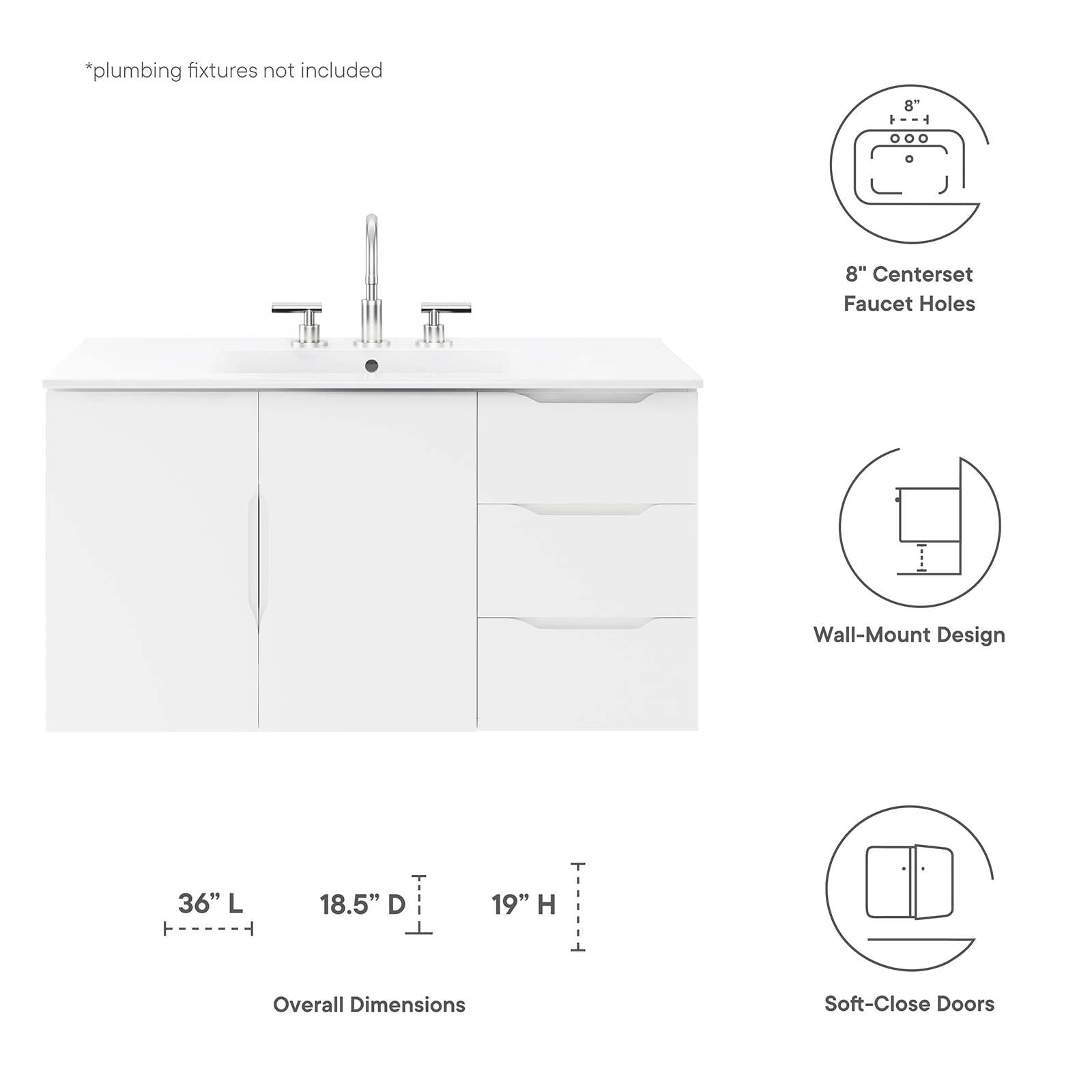 Modway Bathroom Vanity - Vitality 36" Bathroom Vanity Cabinet (Sink Basin Not Included) White