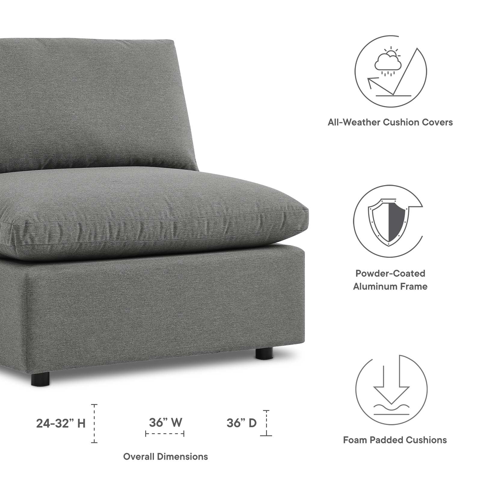 Modway Outdoor Chairs - Commix Overstuffed Outdoor Patio Armless Chair Charcoal