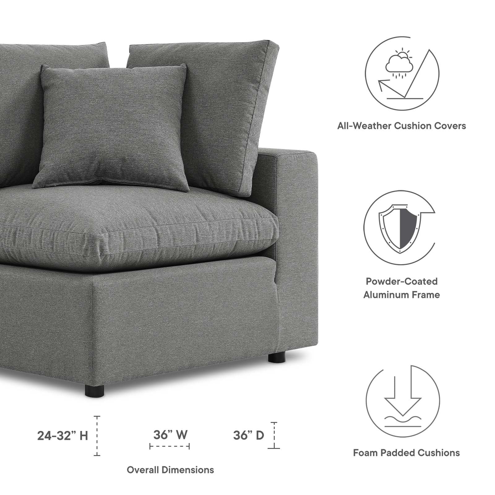 Modway Outdoor Chairs - Commix Overstuffed Outdoor Patio Corner Chair Charcoal