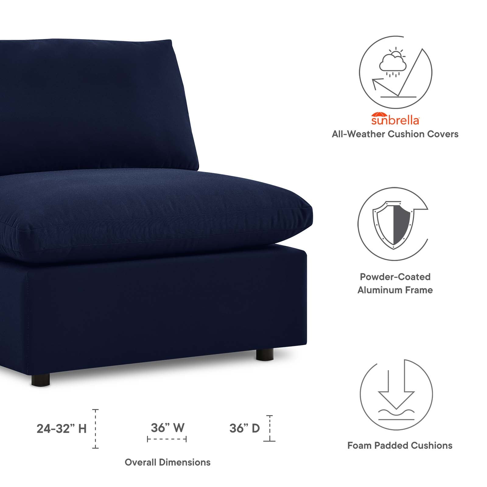 Modway Outdoor Chairs - Commix Sunbrella Outdoor Patio Armless Chair Navy