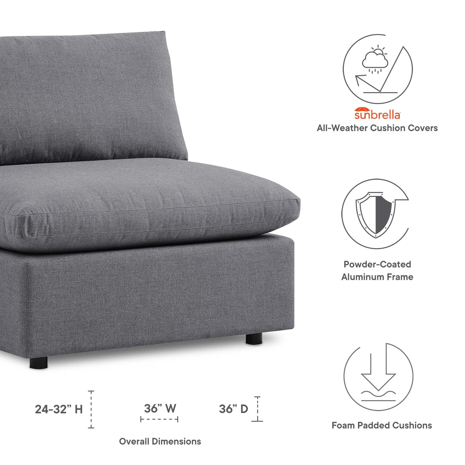 Modway Outdoor Chairs - Commix Sunbrella Outdoor Patio Armless Chair Gray