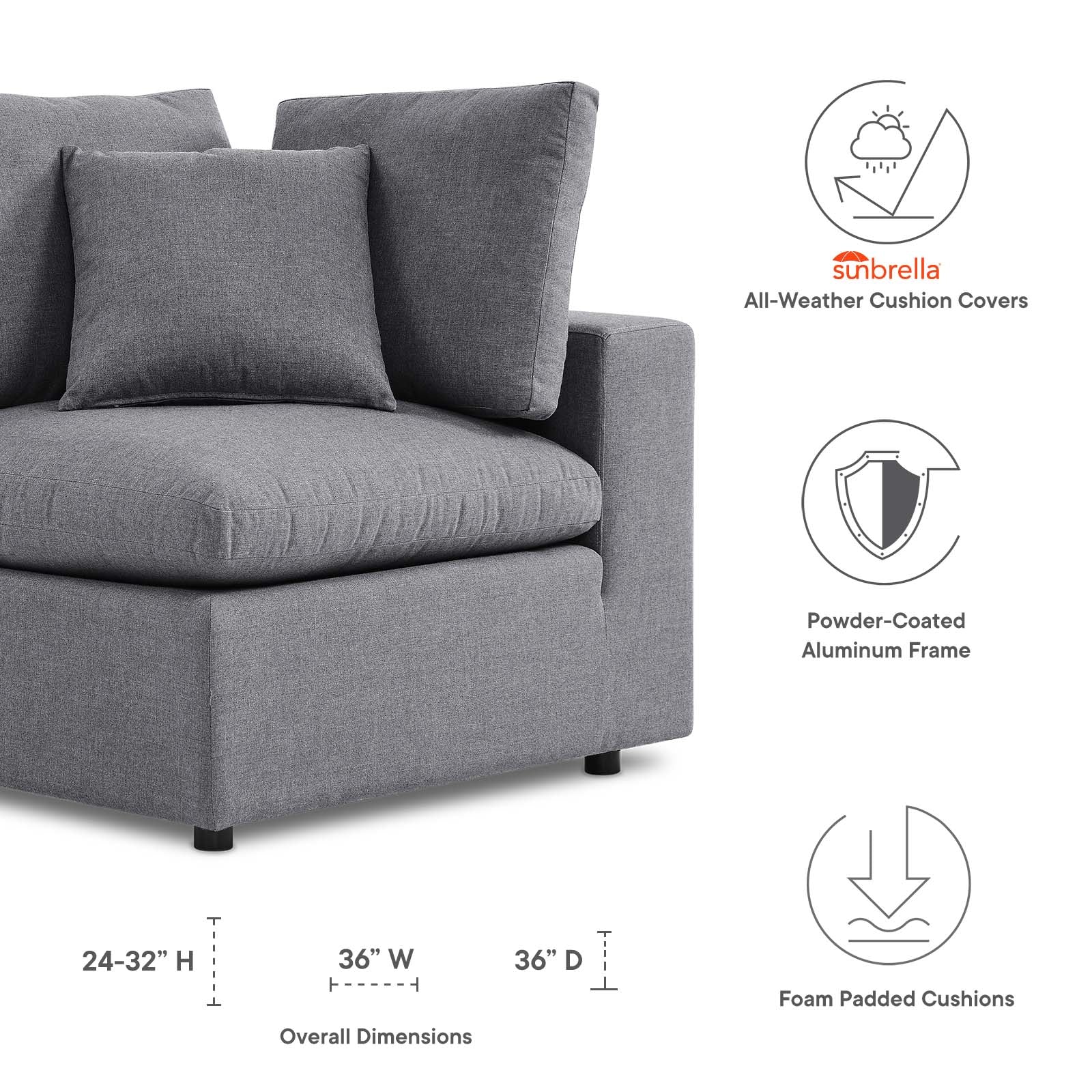 Modway Outdoor Chairs - Commix Sunbrella Outdoor Patio Corner Chair Gray
