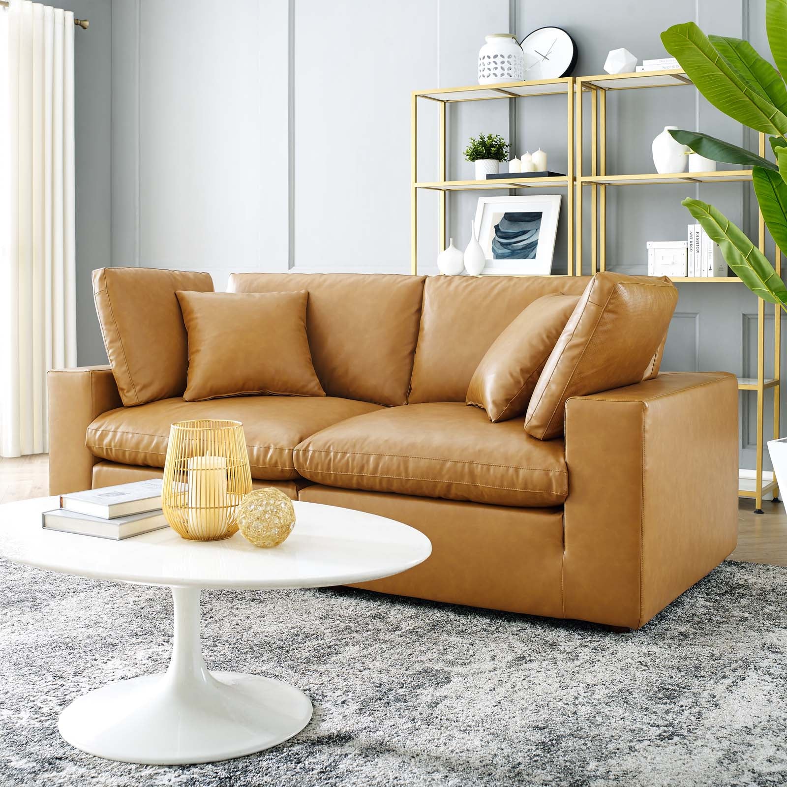 Commix Down Filled Overstuffed Vegan Leather Loveseat Tan Buy Now