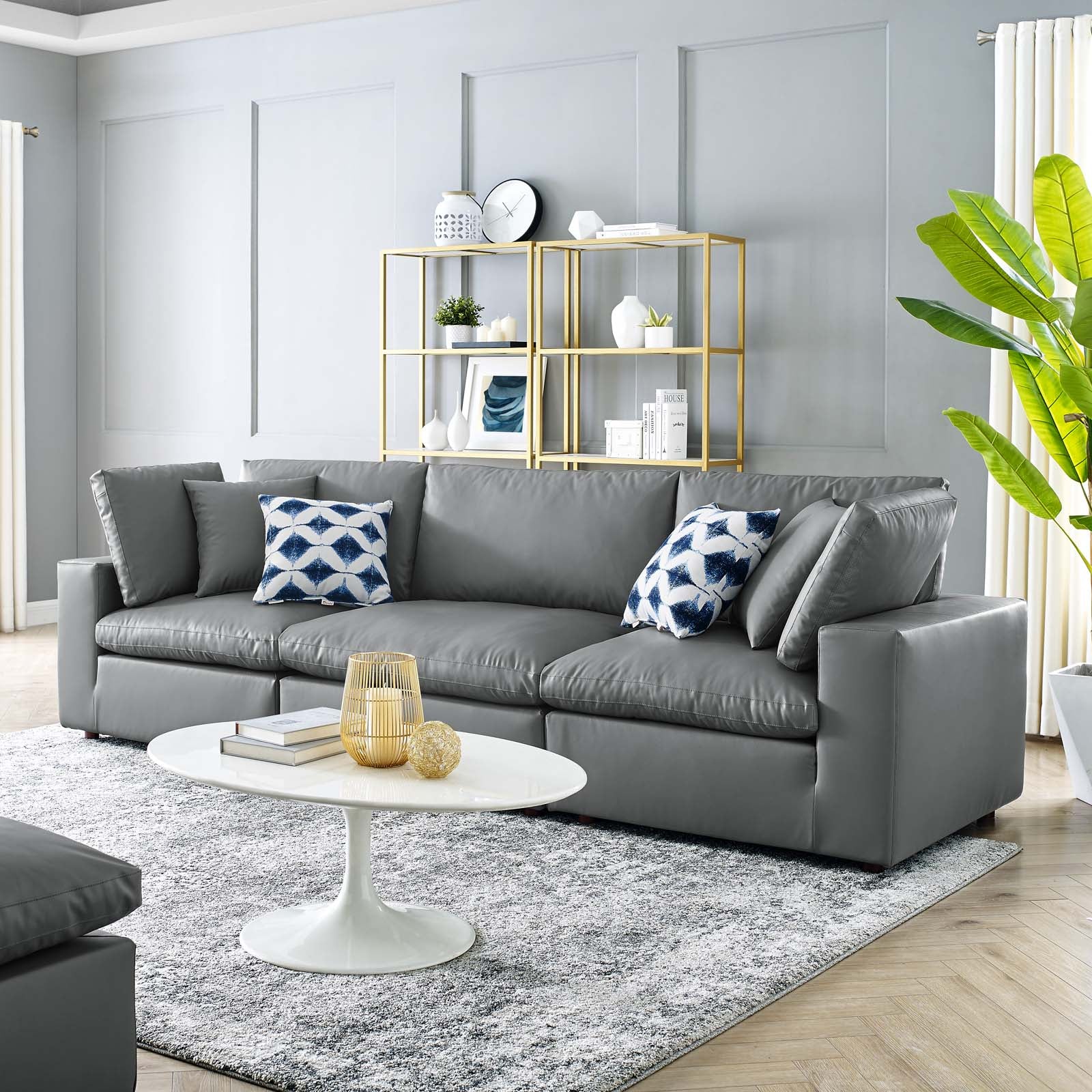Modway Sofas & Couches - Commix Down Filled Overstuffed Vegan Leather 3 Seater Sofa Gray