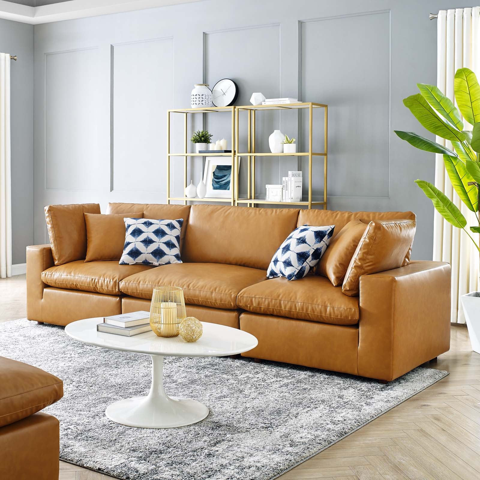 Modway Sofas & Couches - Commix Down Filled Overstuffed Vegan Leather 3 Seater Sofa Tan