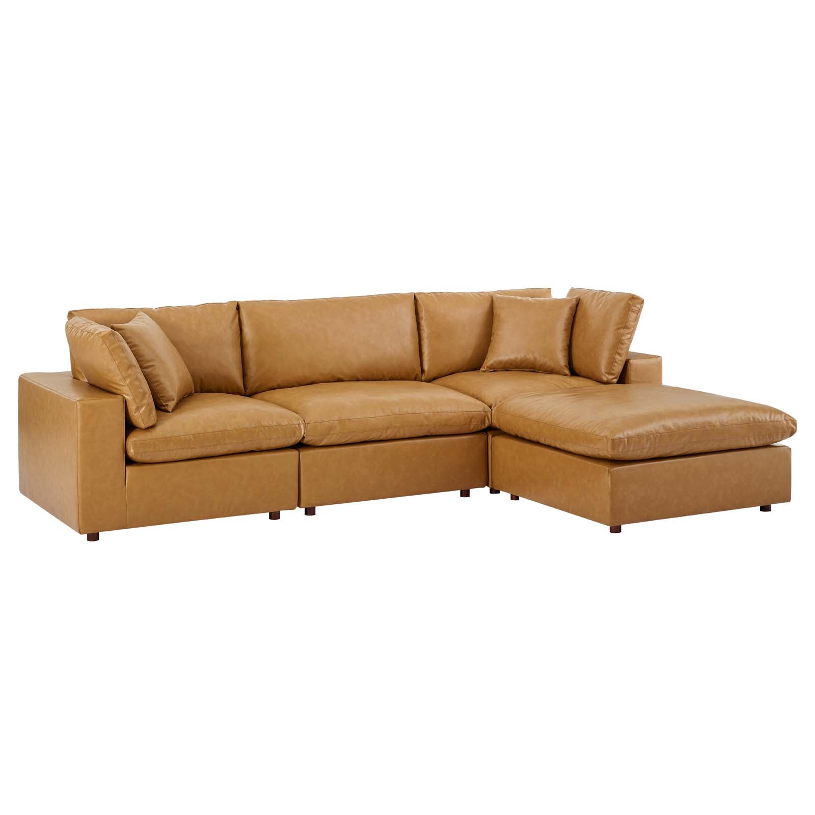 Modway Sectional Sofas - Commix Down Filled Overstuffed Vegan Leather 4 Piece Sectional Sofa Tan