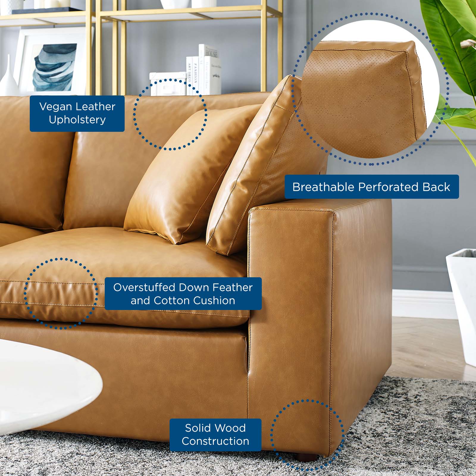 Modway Sectional Sofas - Commix Down Filled Overstuffed Vegan Leather 4 Piece Sectional Sofa Tan