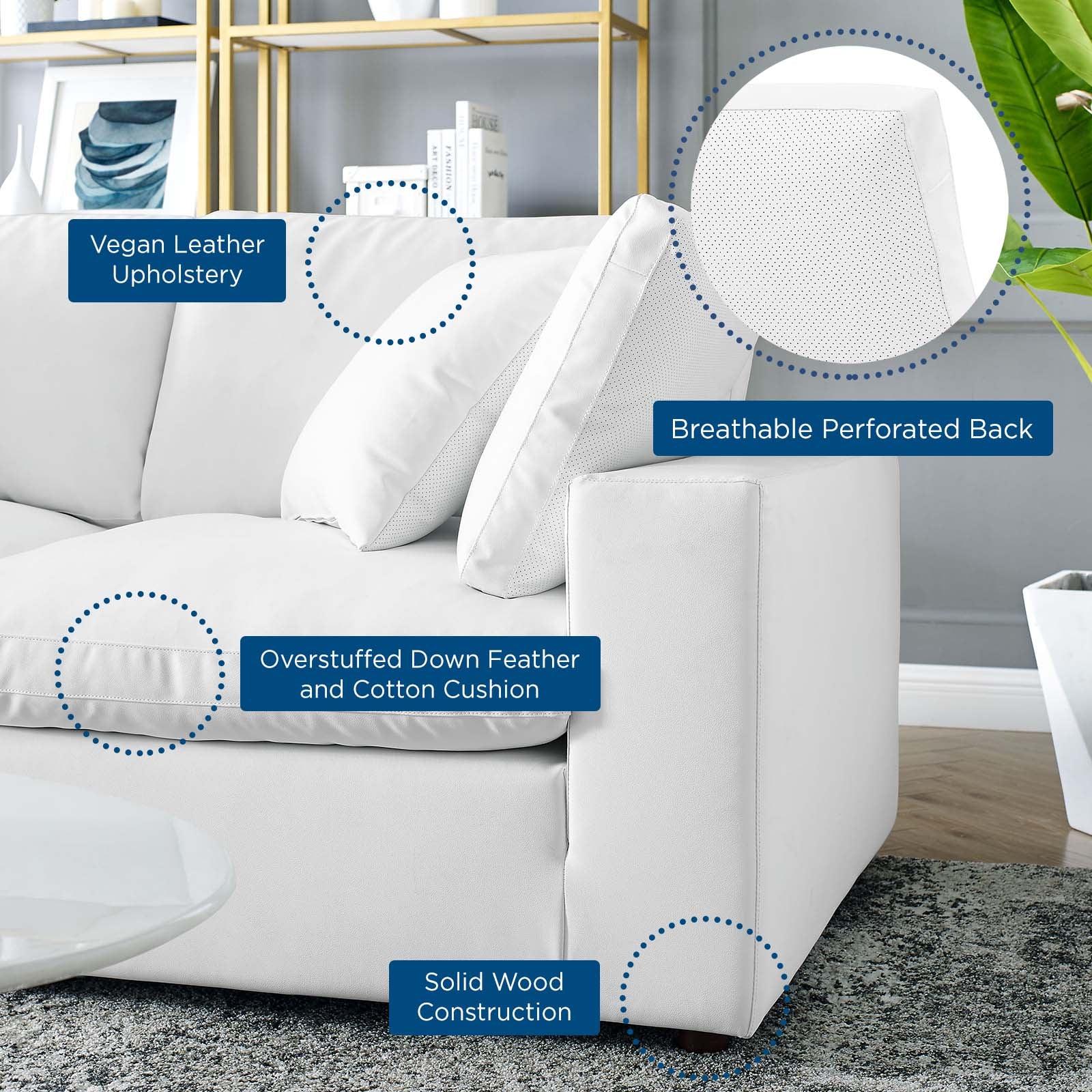 Modway Sectional Sofas - Commix Down Filled Overstuffed Vegan Leather 4 Piece Sectional Sofa White