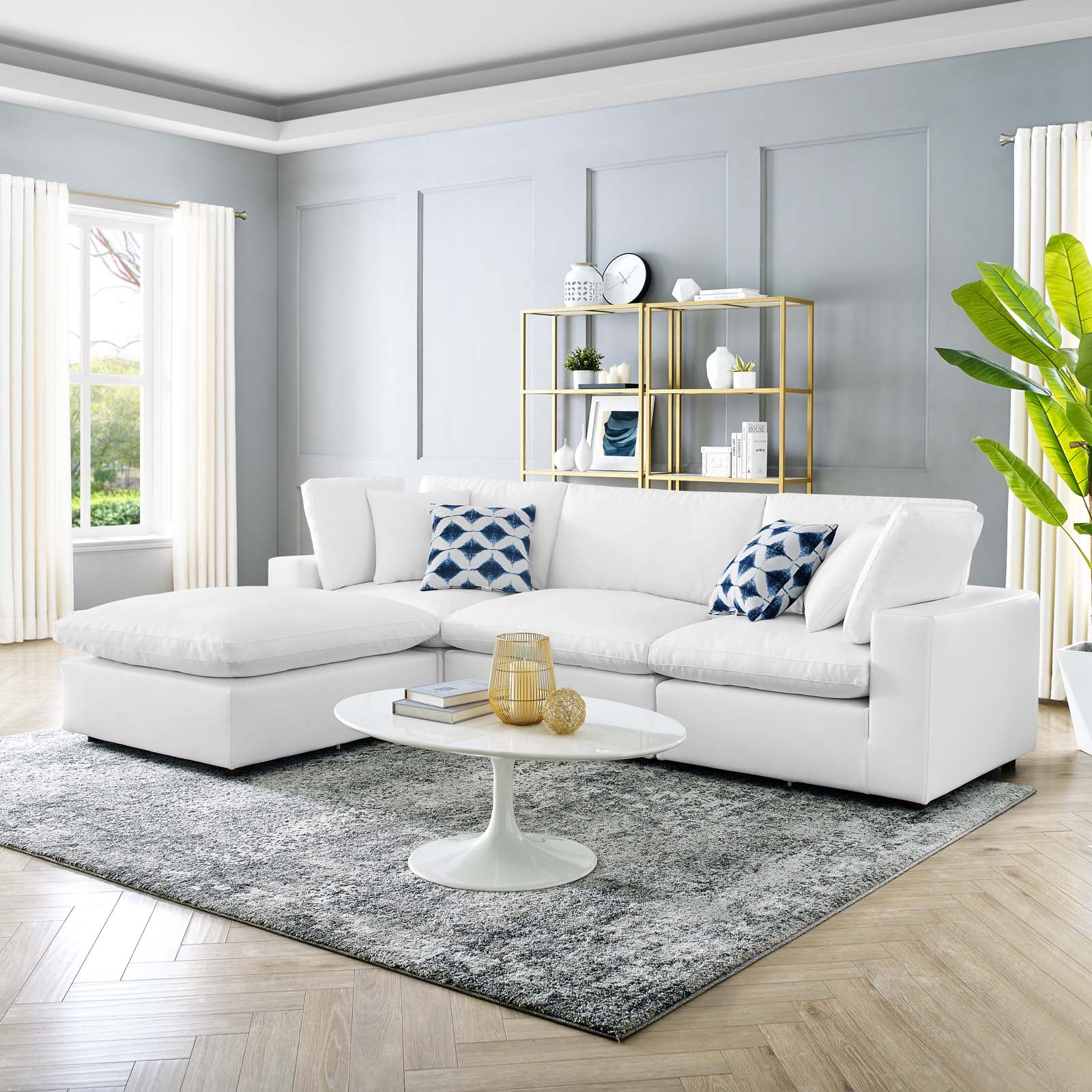 Modway Sectional Sofas - Commix Down Filled Overstuffed Vegan Leather 4 Piece Sectional Sofa White