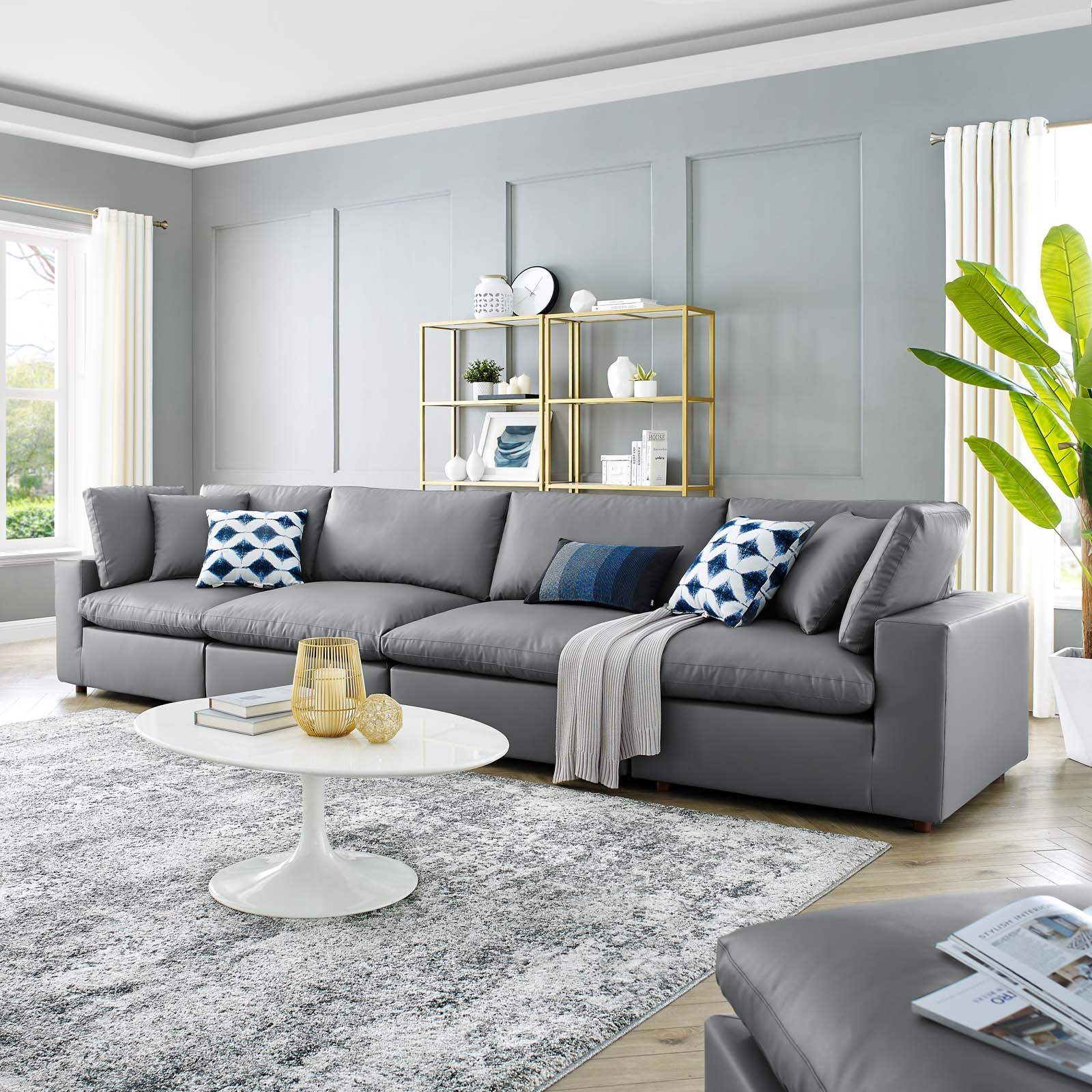 Modway Sofas & Couches - Commix Down Filled Overstuffed Vegan Leather 4 Seater Sofa Gray