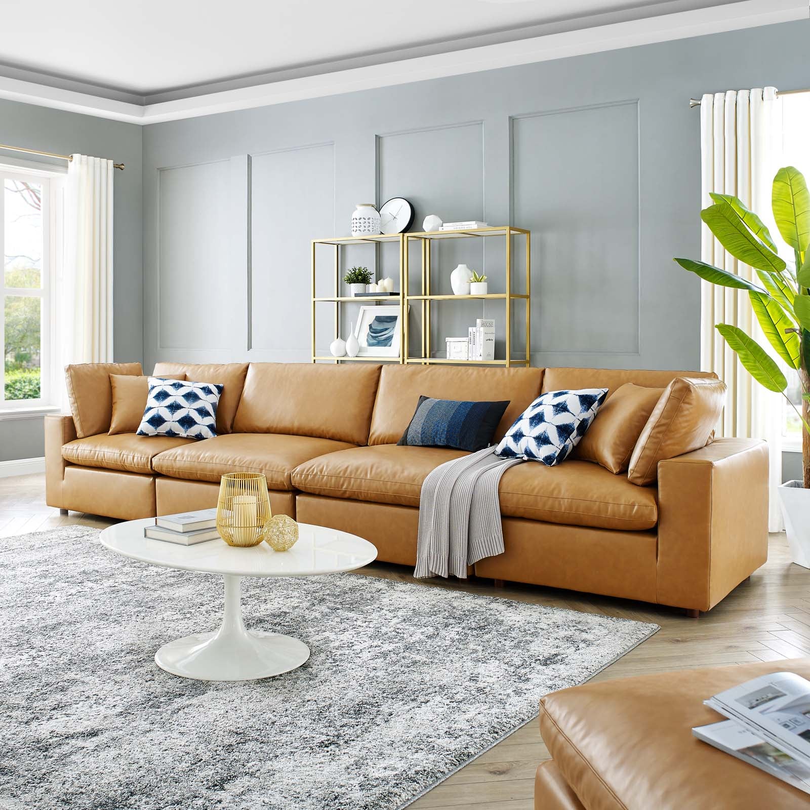 Modway Sofas & Couches - Commix Down Filled Overstuffed Vegan Leather 4 Seater Sofa Tan
