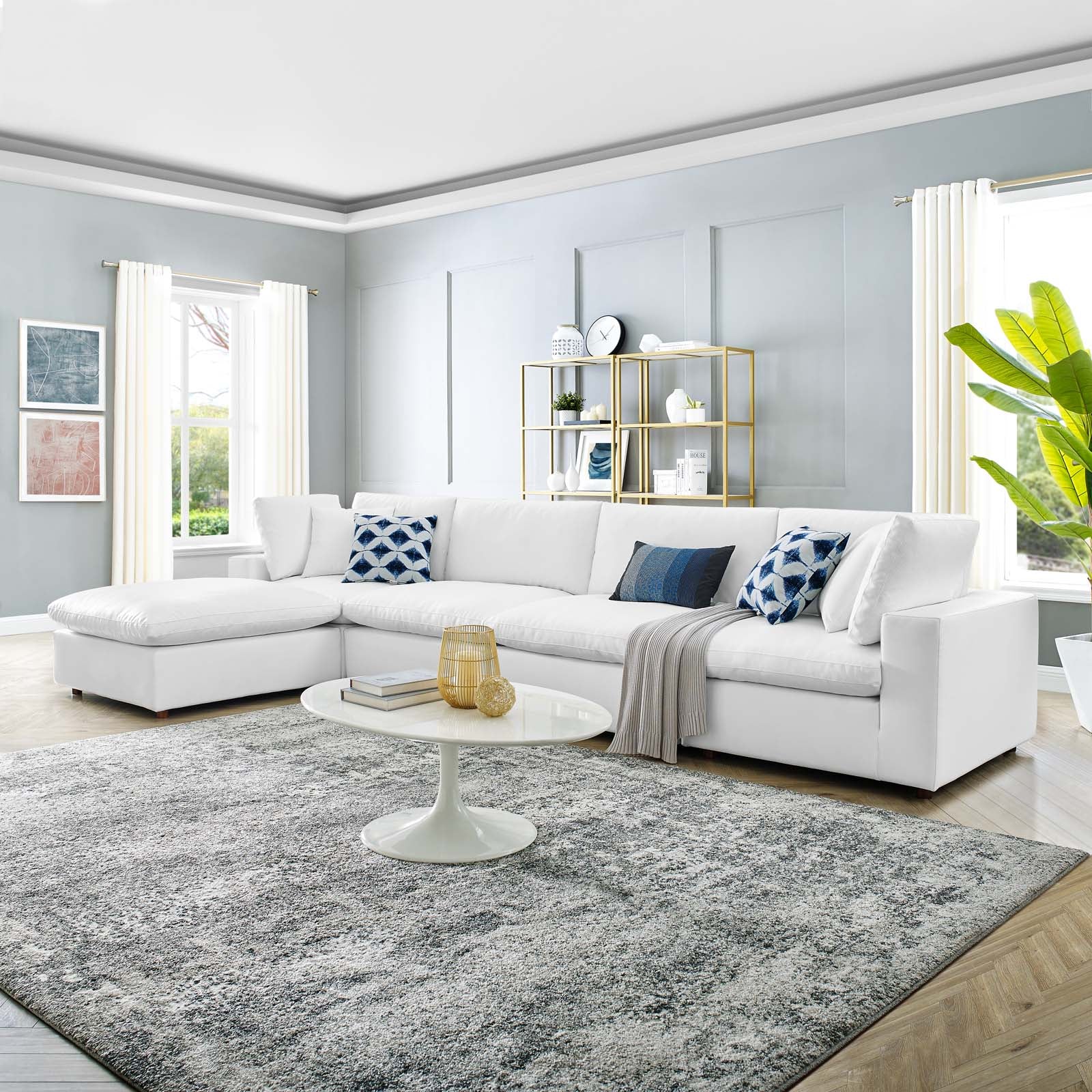 Modway Sectional Sofas - Commix Down Filled Overstuffed Vegan Leather 5 Piece Sectional Sofa White 158"