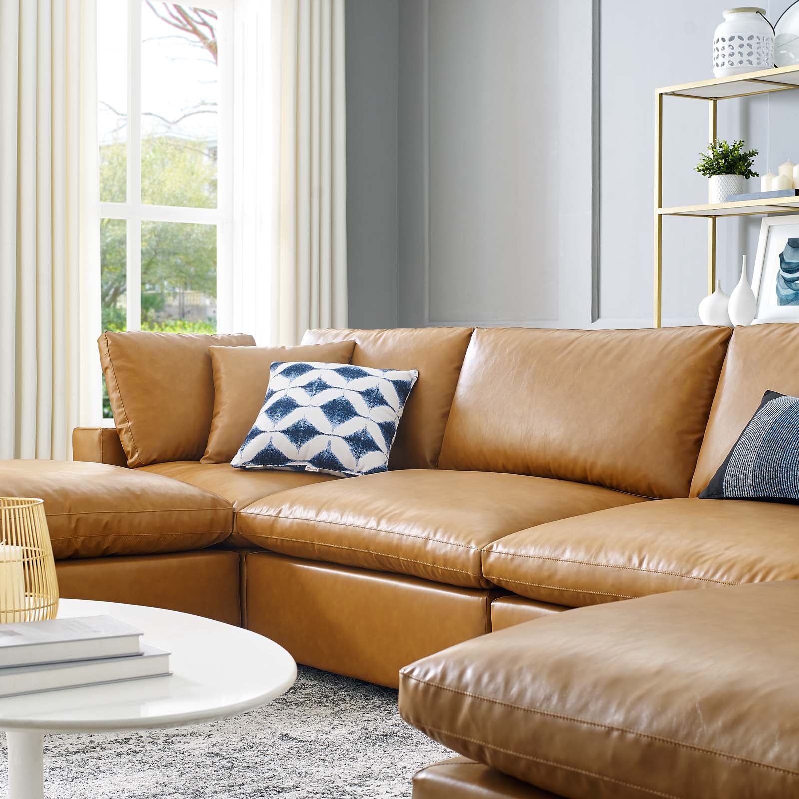 Modway Sectional Sofas - Commix Down Filled Overstuffed Vegan Leather 6 Piece Sectional Sofa Tan 79"D