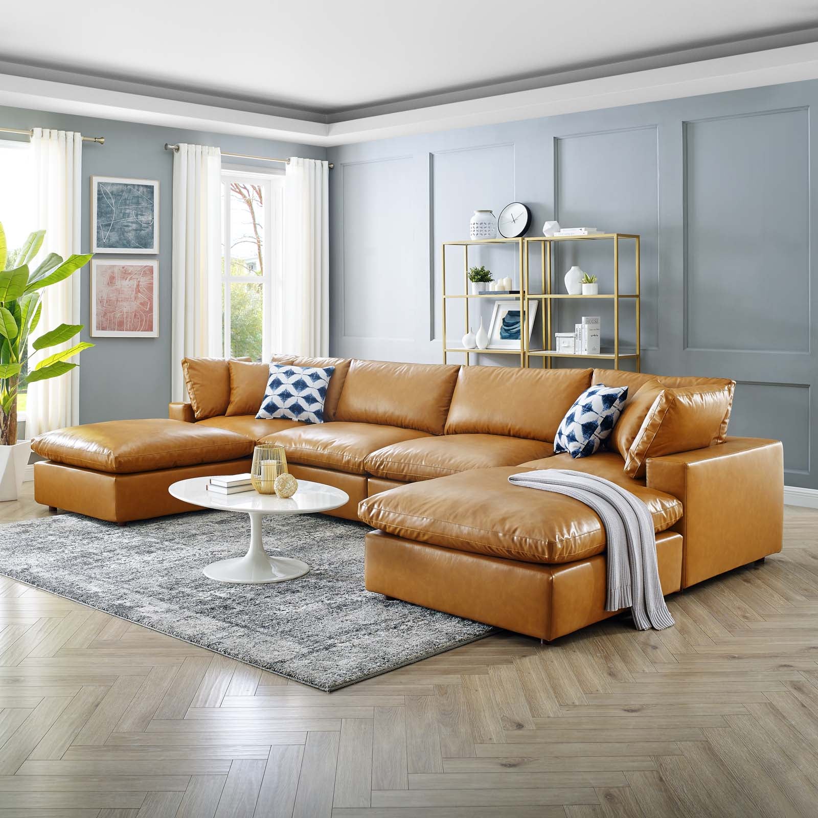 Modway Sectional Sofas - Commix Down Filled Overstuffed Vegan Leather 6 Piece Sectional Sofa Tan 79"D