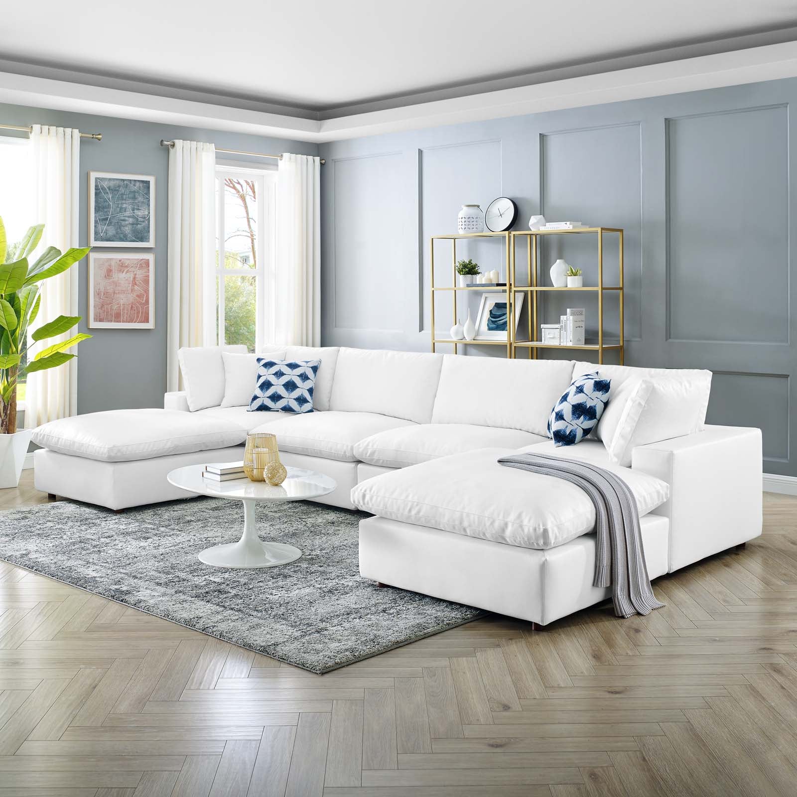 Modway Sectional Sofas - Commix Down Filled Overstuffed Vegan Leather 6 Pieces Sectional Sofa White